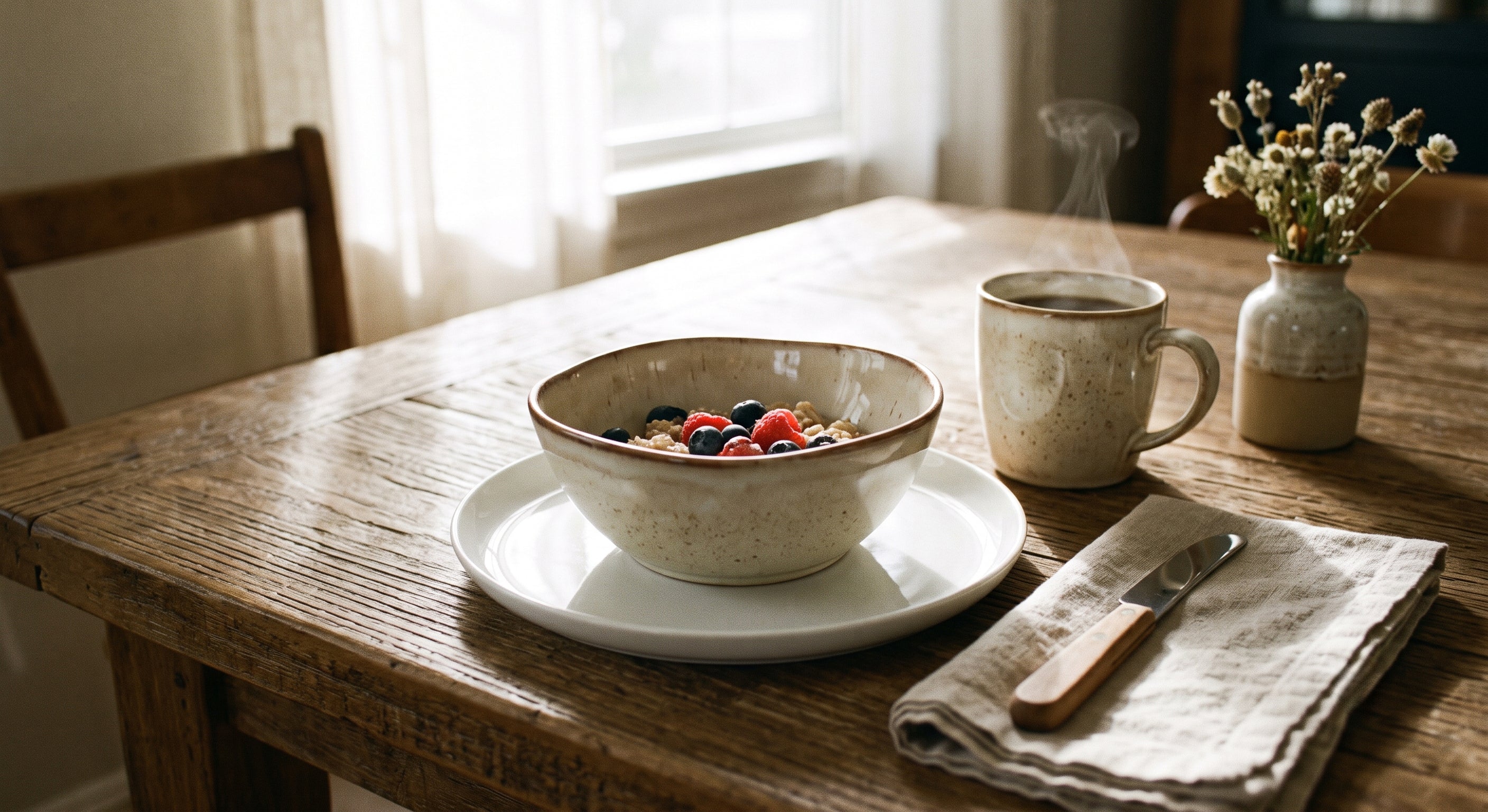 A warm Saturday morning kitchen table with mixed rustic stoneware bowls and sleek modern white plates bathed in soft sunlight