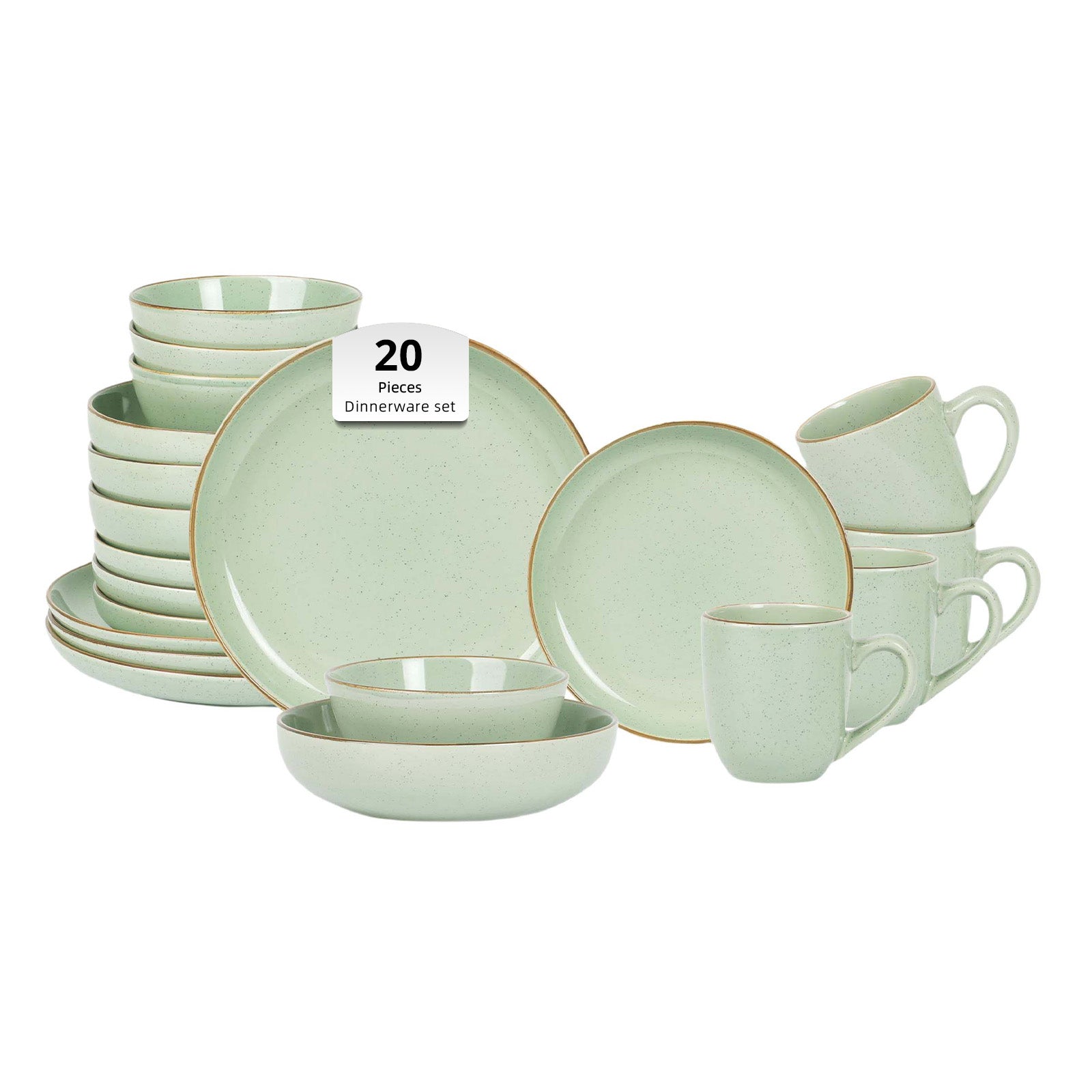 20-piece dinnerware set with green ceramic plates, bowls, and mugs on a white background.