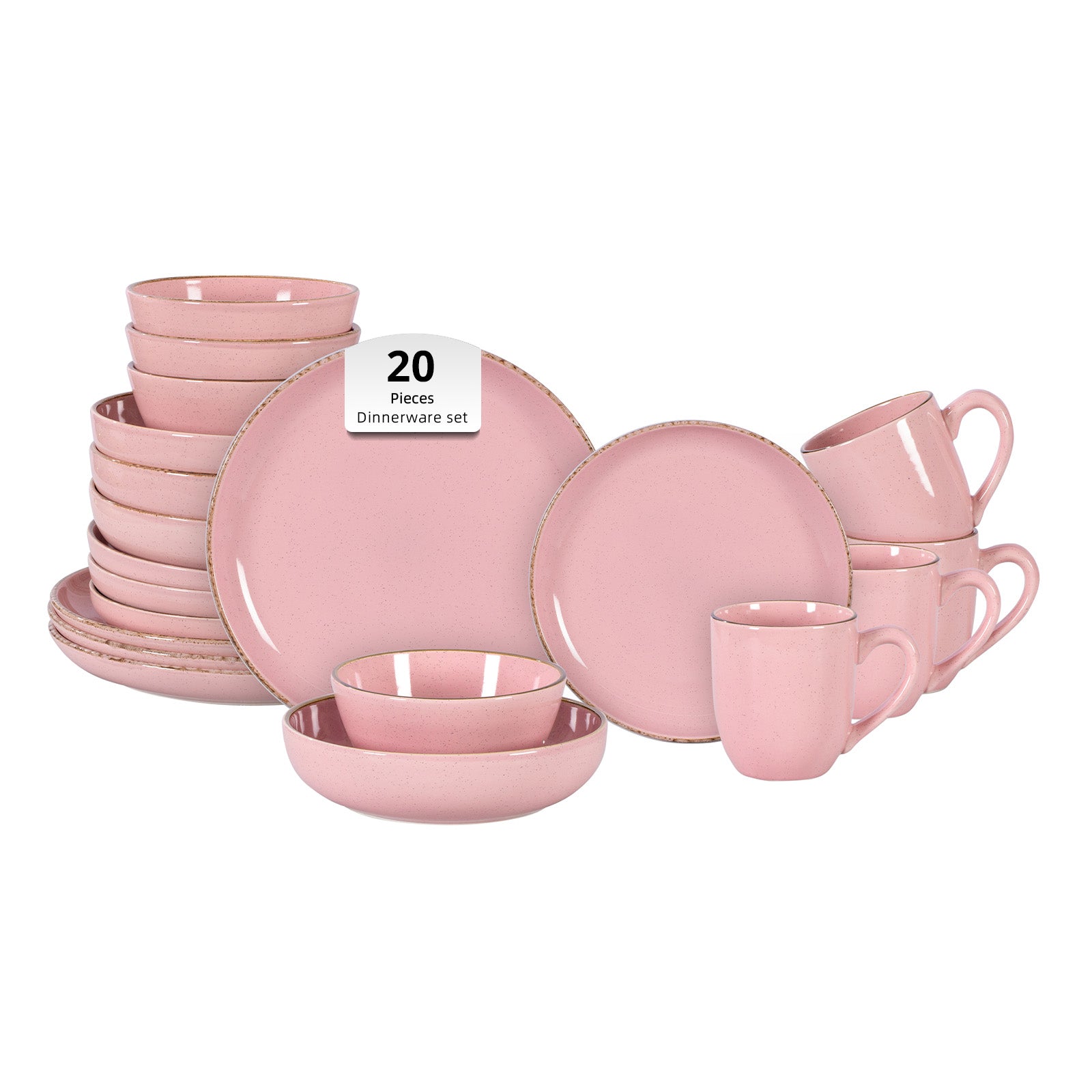 Pink dinnerware set with 20 pieces on a white background