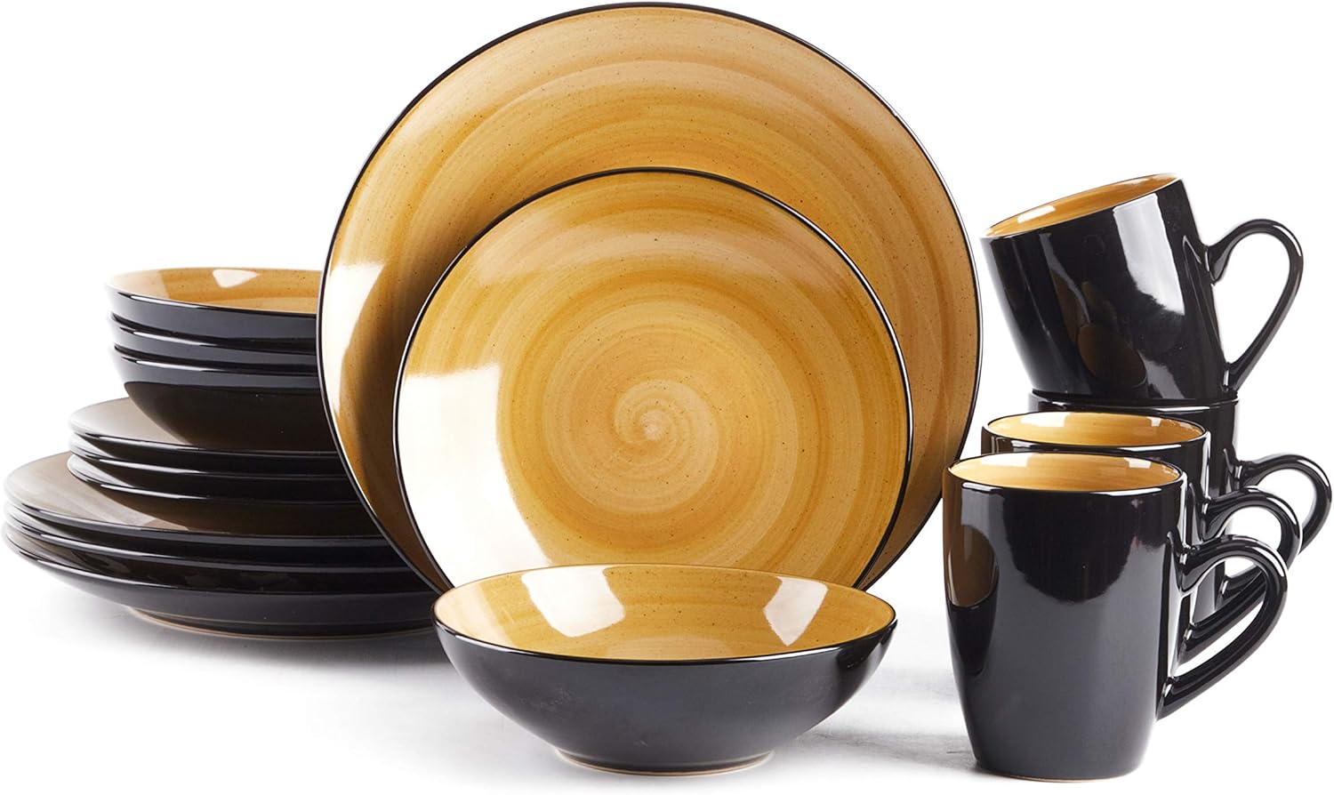 HomeVss Sonoma yellow reactive glaze stoneware dinnerware set 16pcs service for 4, modern ceramic plates bowls mugs, microwave safe dishwasher safe dinnerware for kitchen and dining