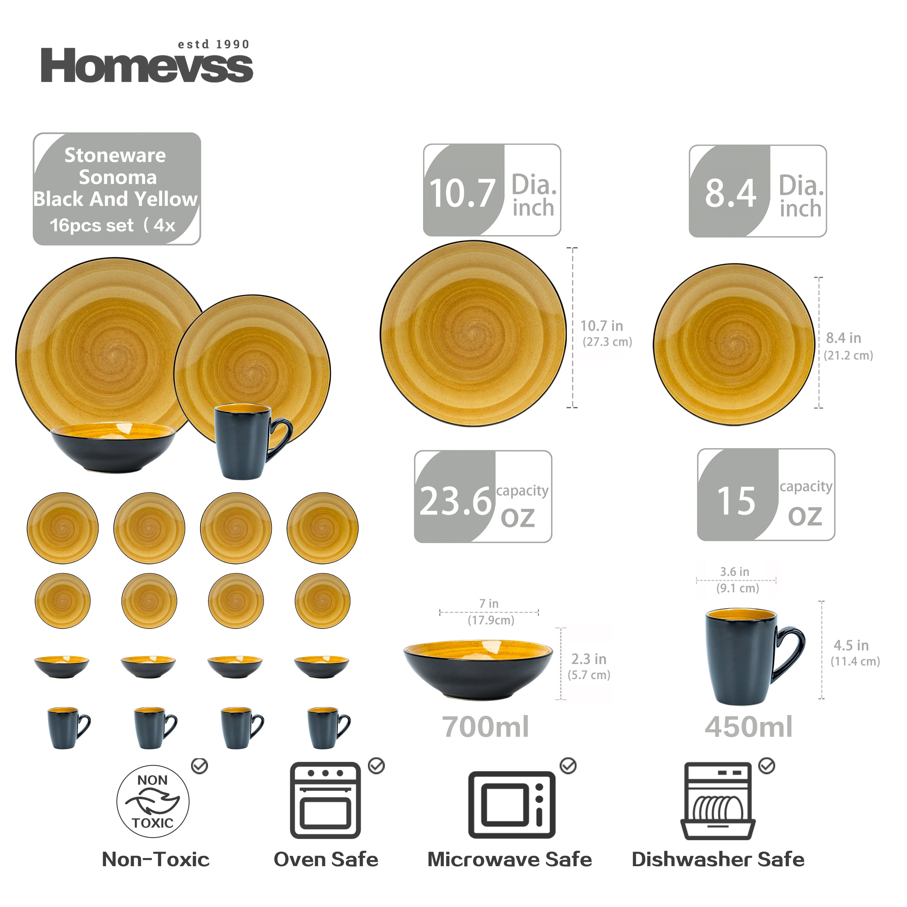HomeVss Sonoma yellow reactive glaze stoneware dinnerware set 16pcs service for 4 size chart, ceramic plates bowls mugs, microwave safe dishwasher safe modern dinnerware set for kitchen dining
