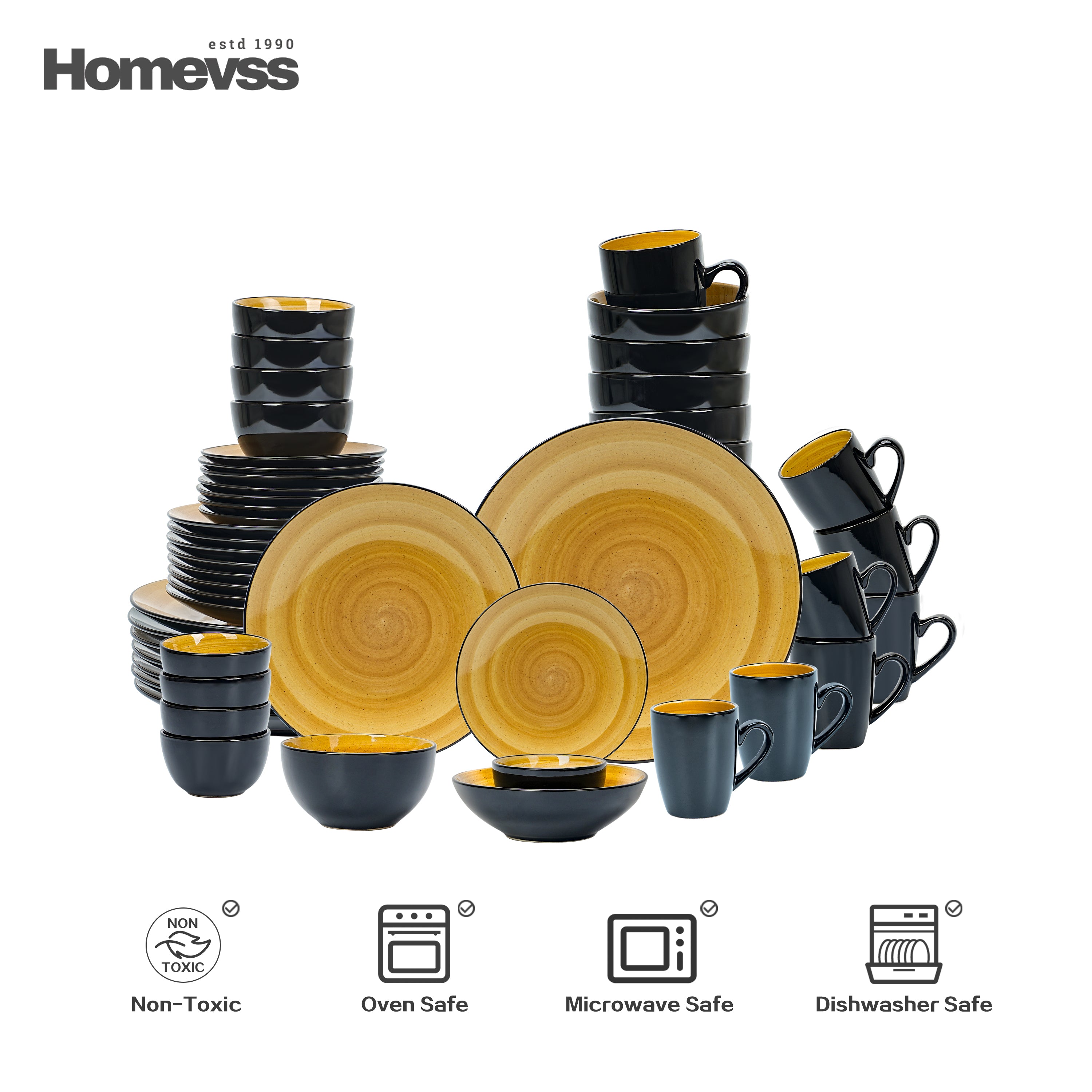 HomeVss Sonoma yellow reactive glaze stoneware dinnerware set 56pcs service for 8, ceramic plates bowls mugs set, microwave safe dishwasher safe oven safe modern dinnerware for family dining