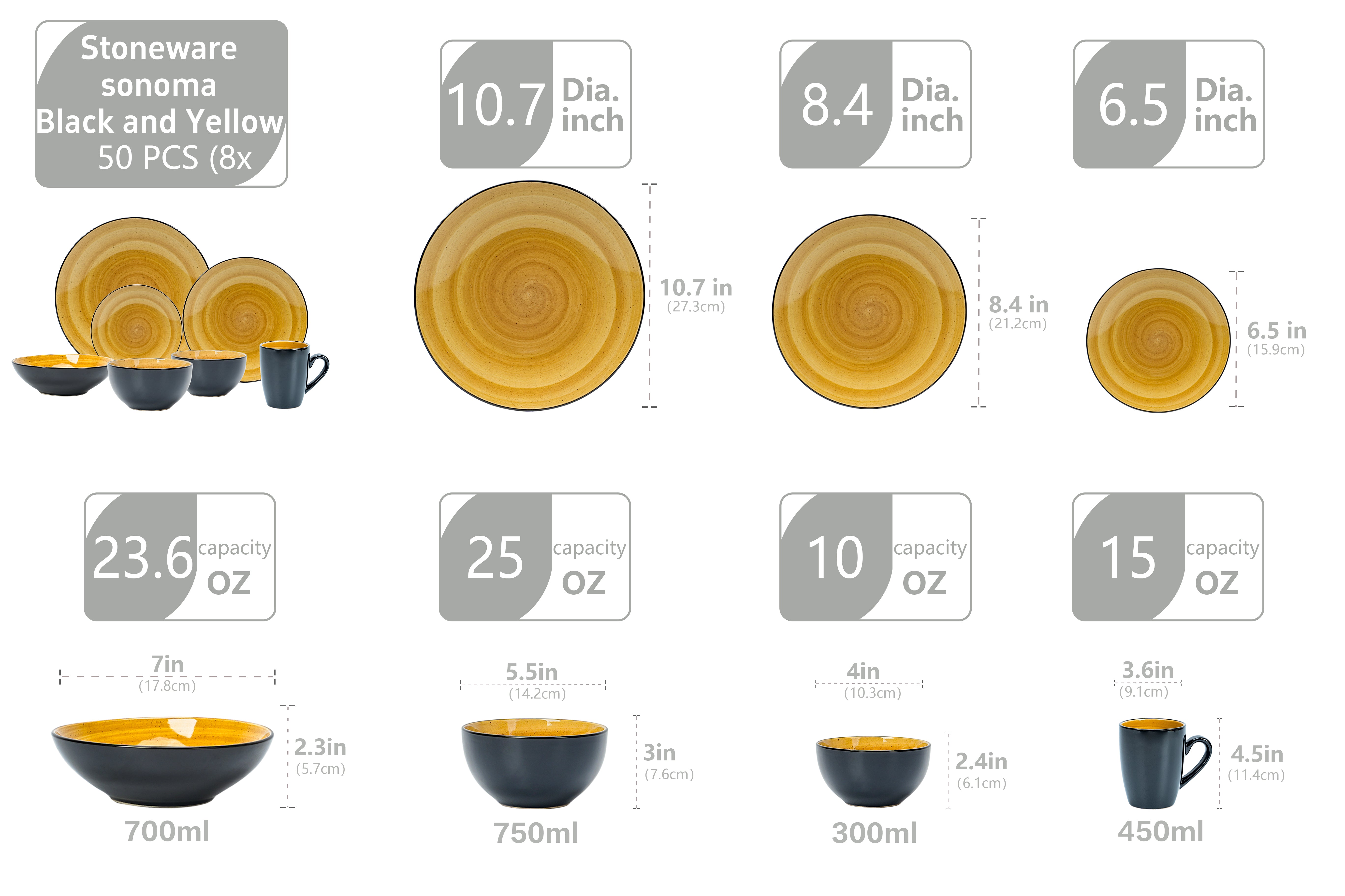HomeVss Sonoma yellow reactive glaze stoneware dinnerware set 50pcs service for 8 size chart, includes plates bowls mugs, ceramic dinner set microwave safe dishwasher safe oven safe modern tableware
