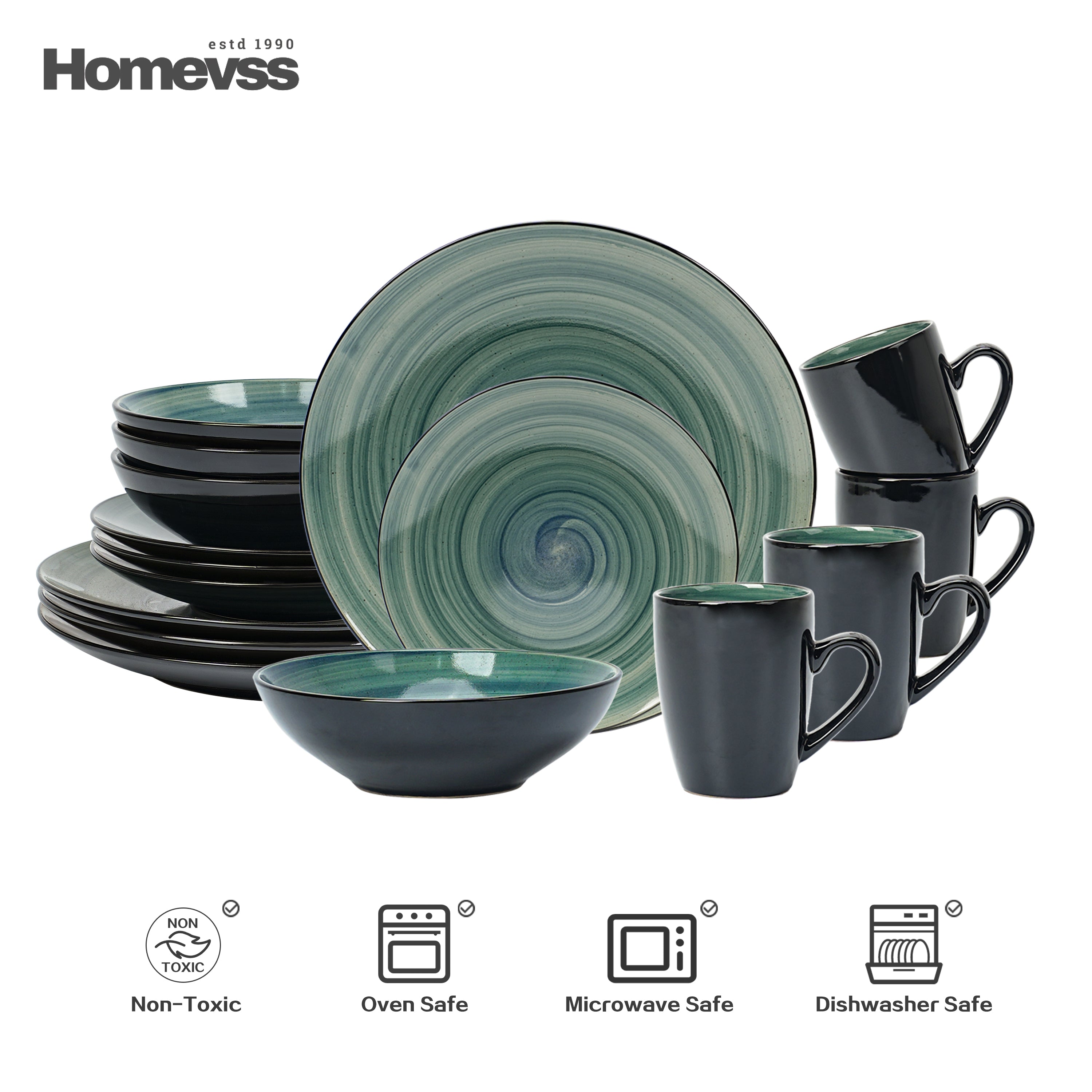 Sonoma blue reactive glaze stoneware dinnerware set for 4 with plates, bowls, and mugs – oven, microwave, and dishwasher safe.