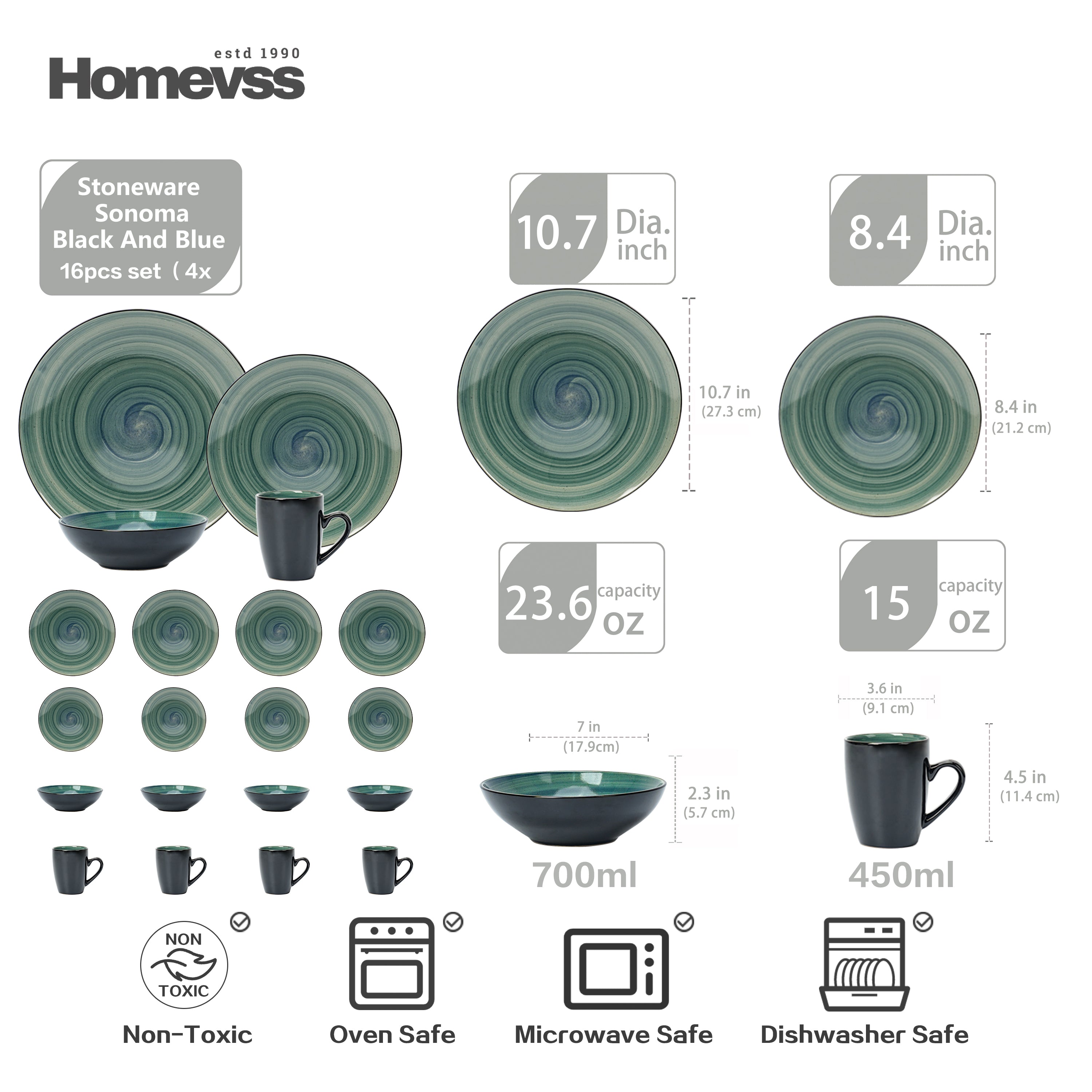 Sonoma blue reactive glaze stoneware dinnerware set for 4 size guide showing plates, bowls, and mugs dimensions and capacities, oven, microwave, and dishwasher safe.