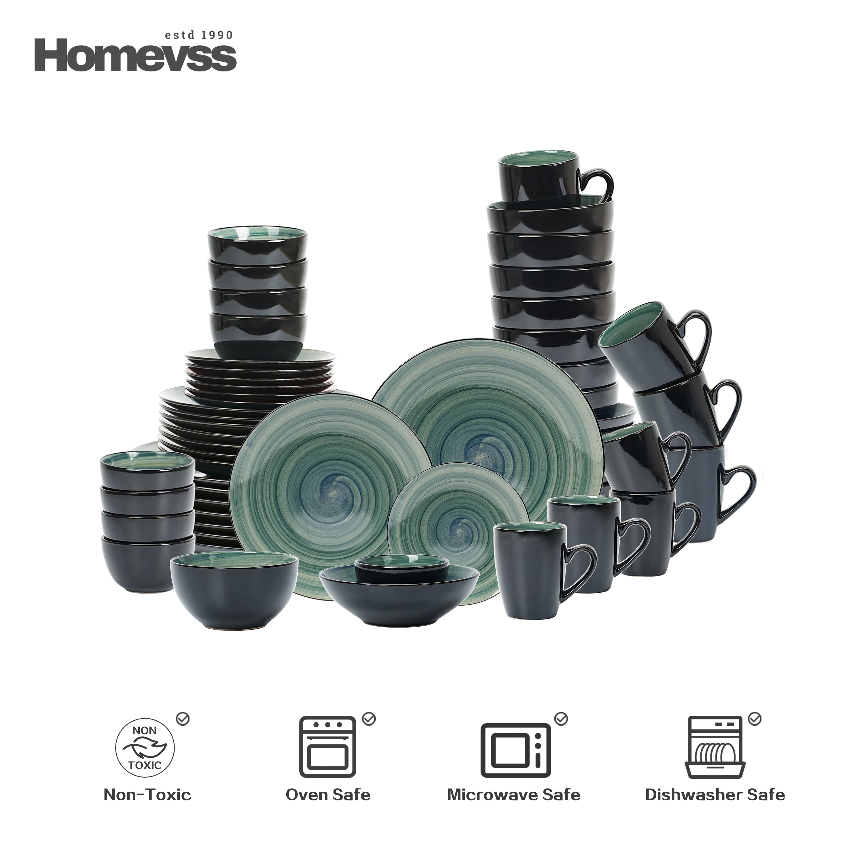 Complete Sonoma blue reactive glaze stoneware dinnerware set for 8 with plates, bowls, and mugs – non-toxic, oven safe, microwave safe, and dishwasher safe.