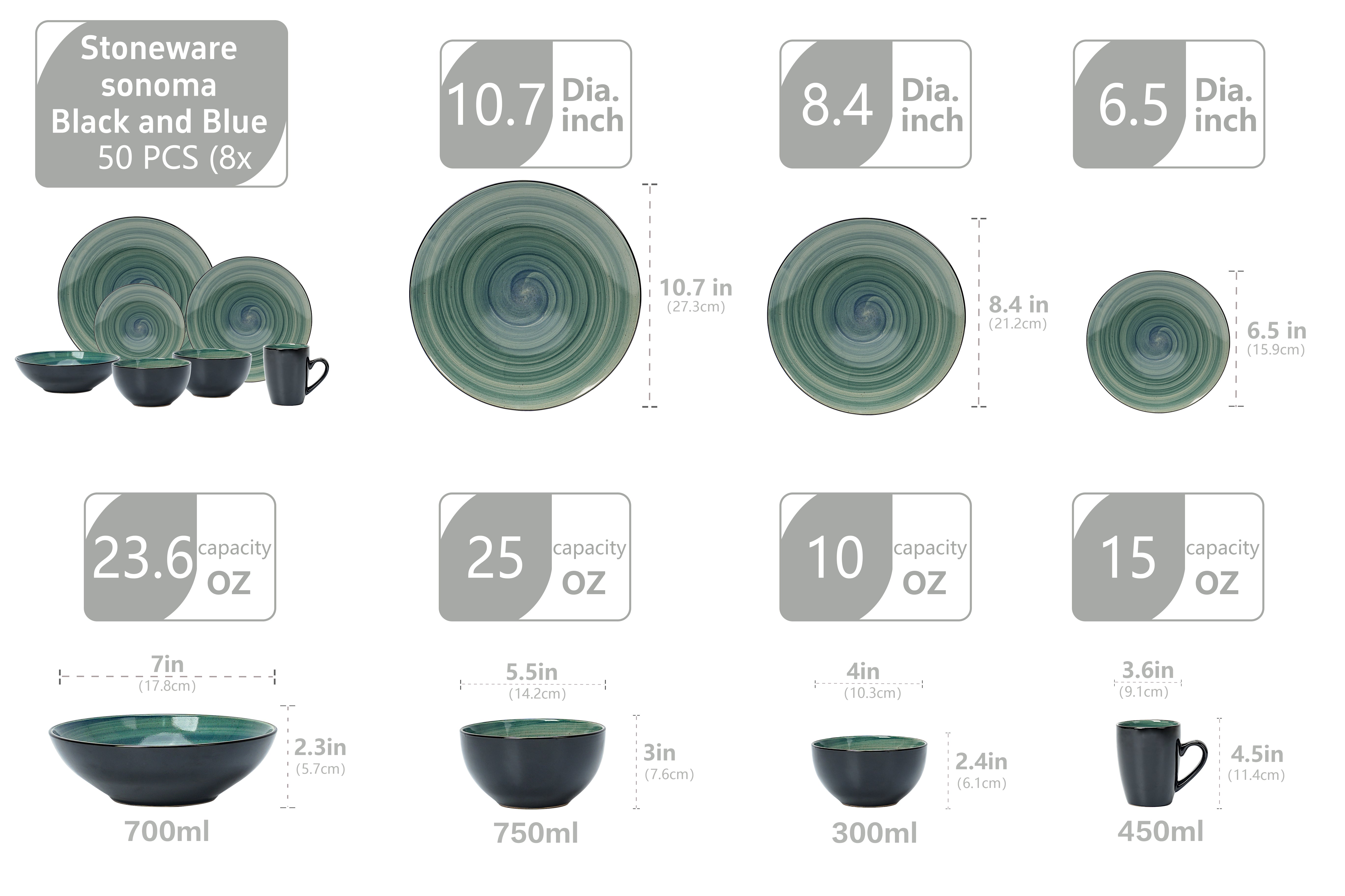 Sonoma blue reactive glaze stoneware dinnerware set for 8 size guide with plates, bowls, and mugs dimensions and capacities in inches, ounces, and milliliters.