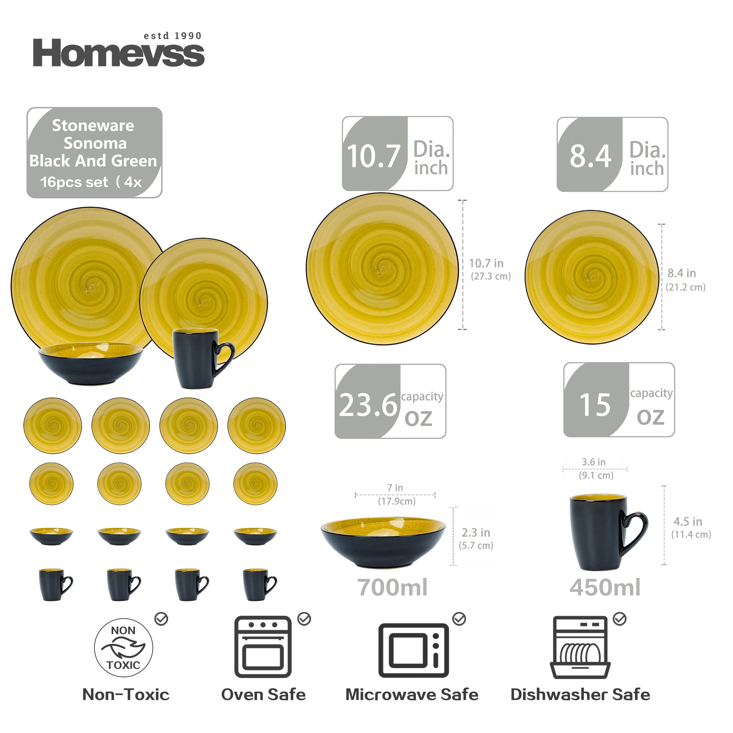 Sonoma green reactive glaze stoneware dinnerware set for 4 size guide showing plates, bowls, and mugs dimensions and capacities in inches, ounces, and milliliters.