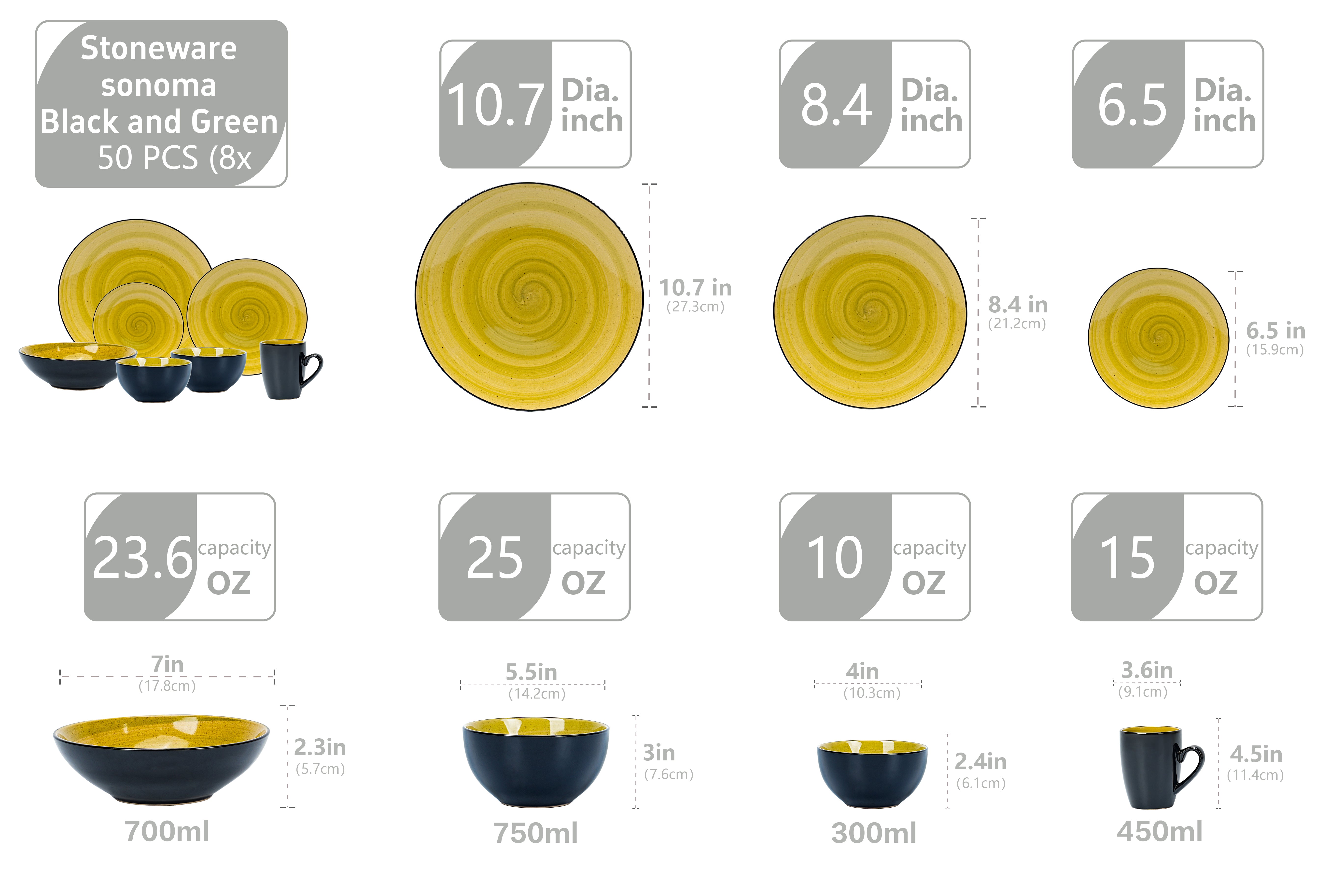 Sonoma green reactive glaze stoneware dinnerware set for 8 size guide showing plates, bowls, and mugs dimensions and capacities in inches, ounces, and milliliters.