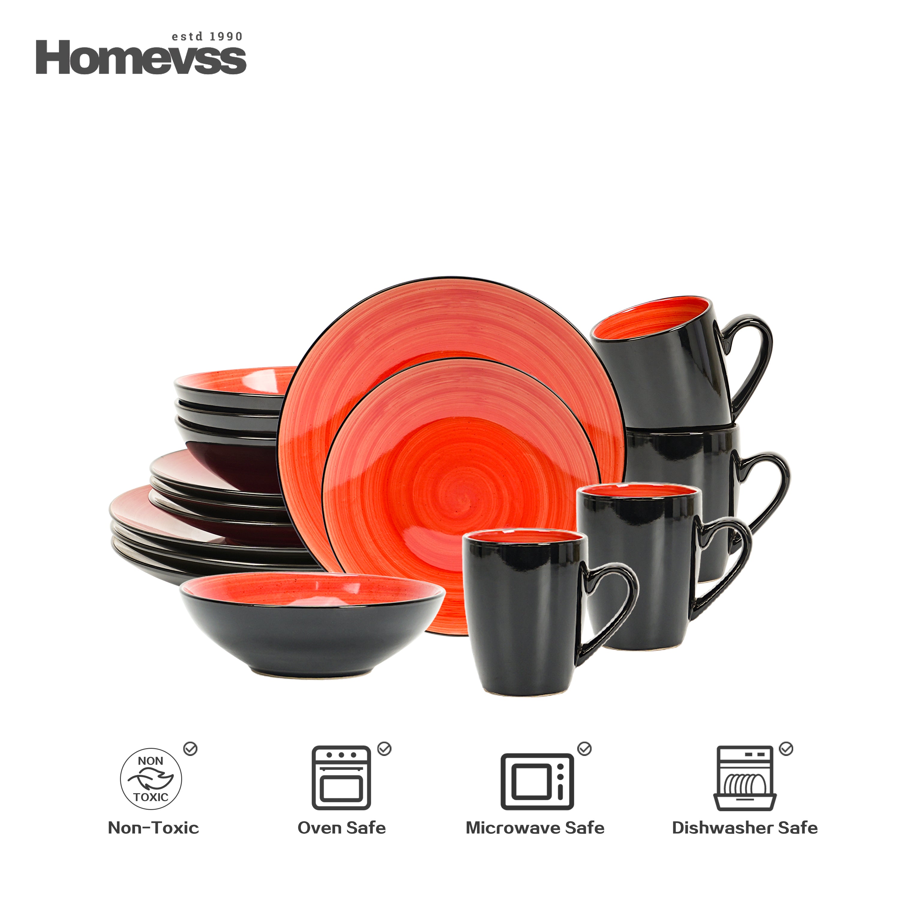 HomeVss Sonoma red reactive glaze stoneware dinnerware set, 16-piece service for 4, includes dinner plates, salad plates, bowls, and mugs, non-toxic, oven safe, microwave safe, dishwasher safe.