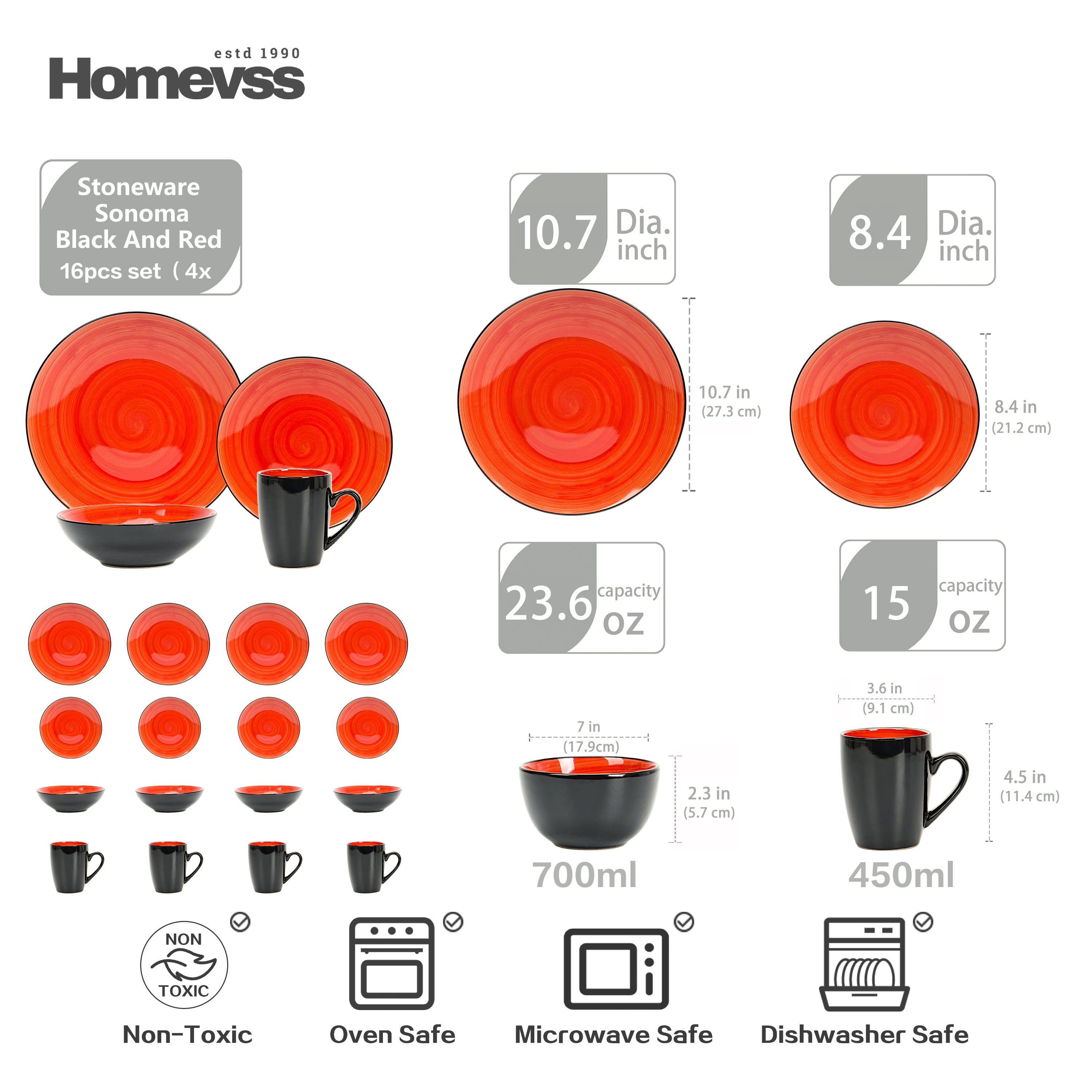 HomeVss Sonoma red reactive glaze stoneware dinnerware set for 4, 16-piece size guide; microwave, dishwasher, and oven safe.