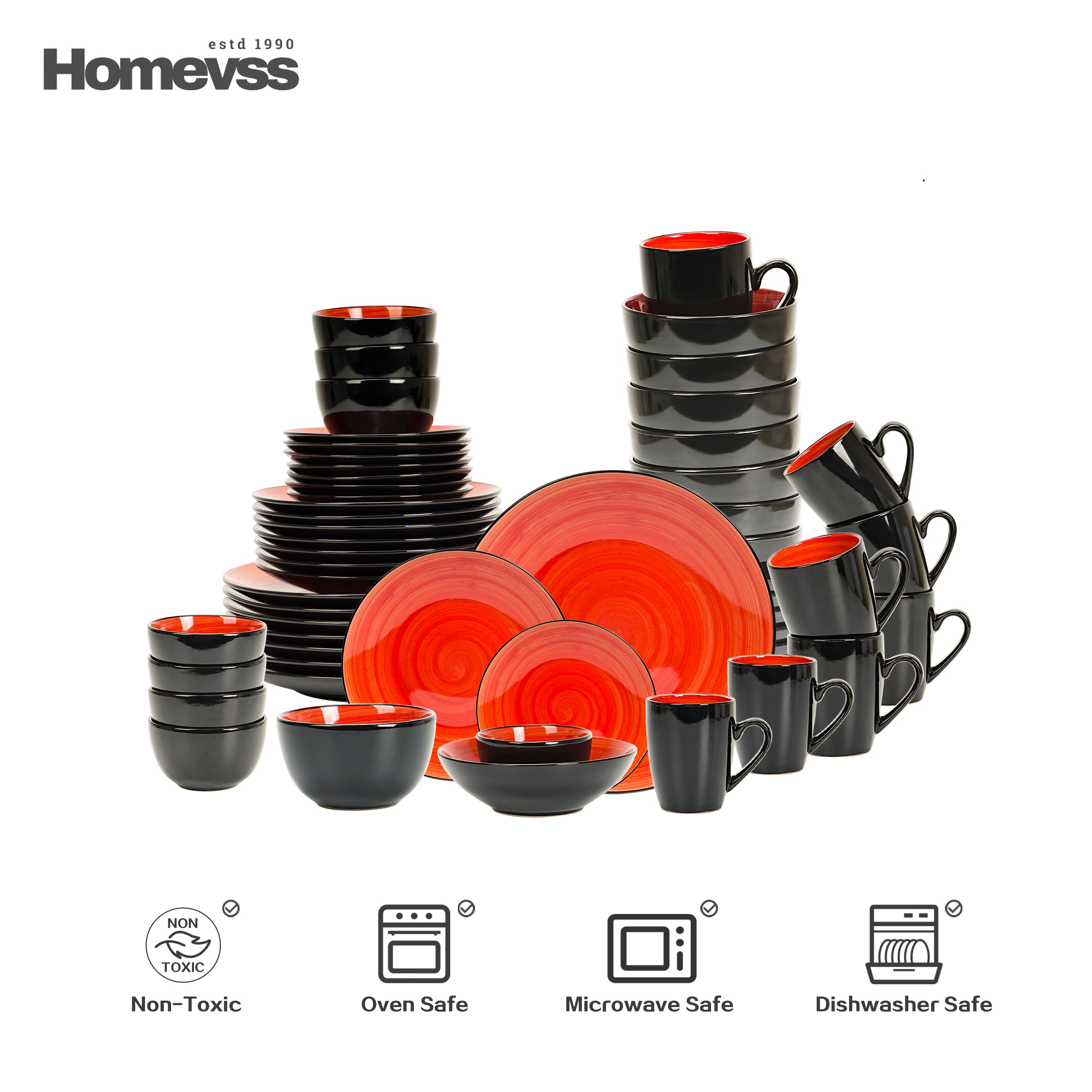 HomeVss Sonoma red reactive glaze stoneware dinnerware set for 8, 56-piece complete tableware collection; microwave, dishwasher, and oven safe.