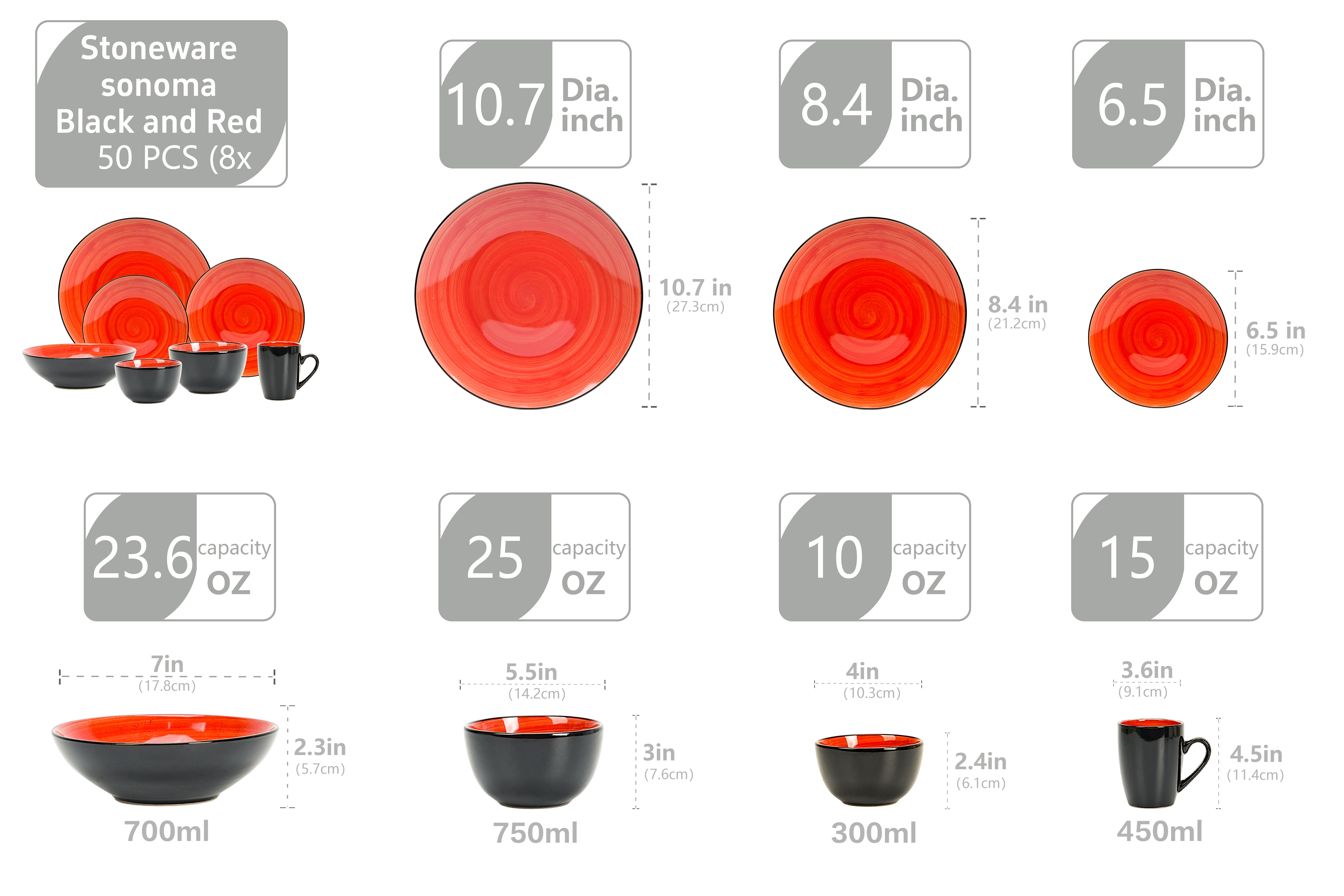 HomeVss Sonoma red reactive glaze stoneware dinnerware set for 8, 50-piece tableware collection with dinner plates, salad plates, bowls, and mugs; microwave, dishwasher, and oven safe, size guide included.