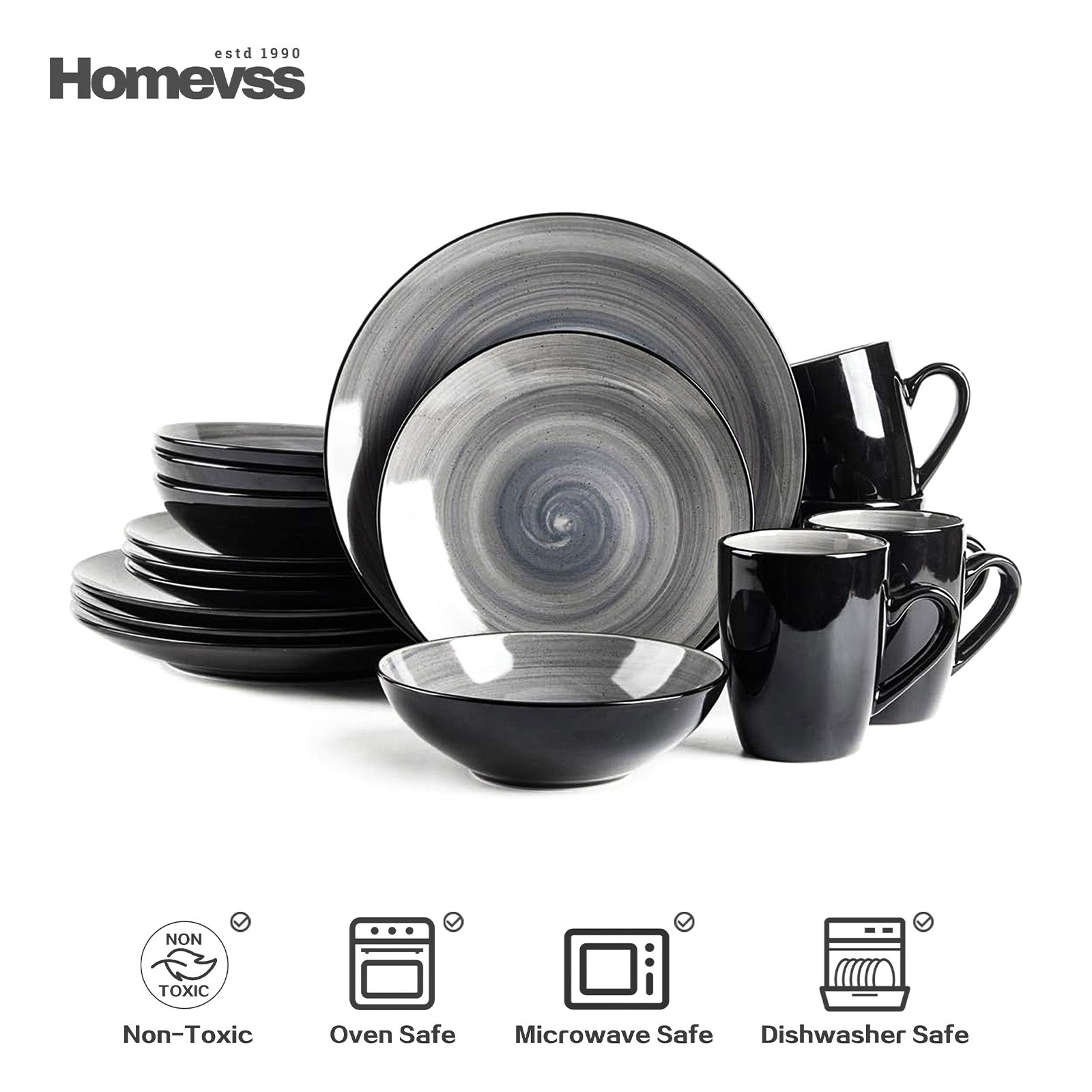 Sonoma grey reactive glaze stoneware dinnerware set for 4 with plates, bowls, and mugs – durable, oven safe, microwave safe, and dishwasher safe.