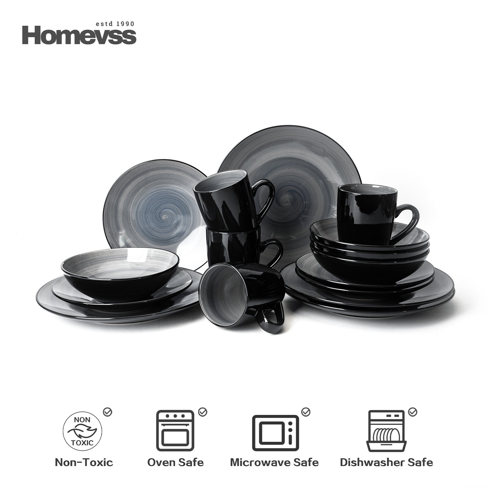 Sonoma grey reactive glaze stoneware dinnerware set service for 4 with plates, bowls, and mugs – non-toxic, oven safe, microwave safe, dishwasher safe.