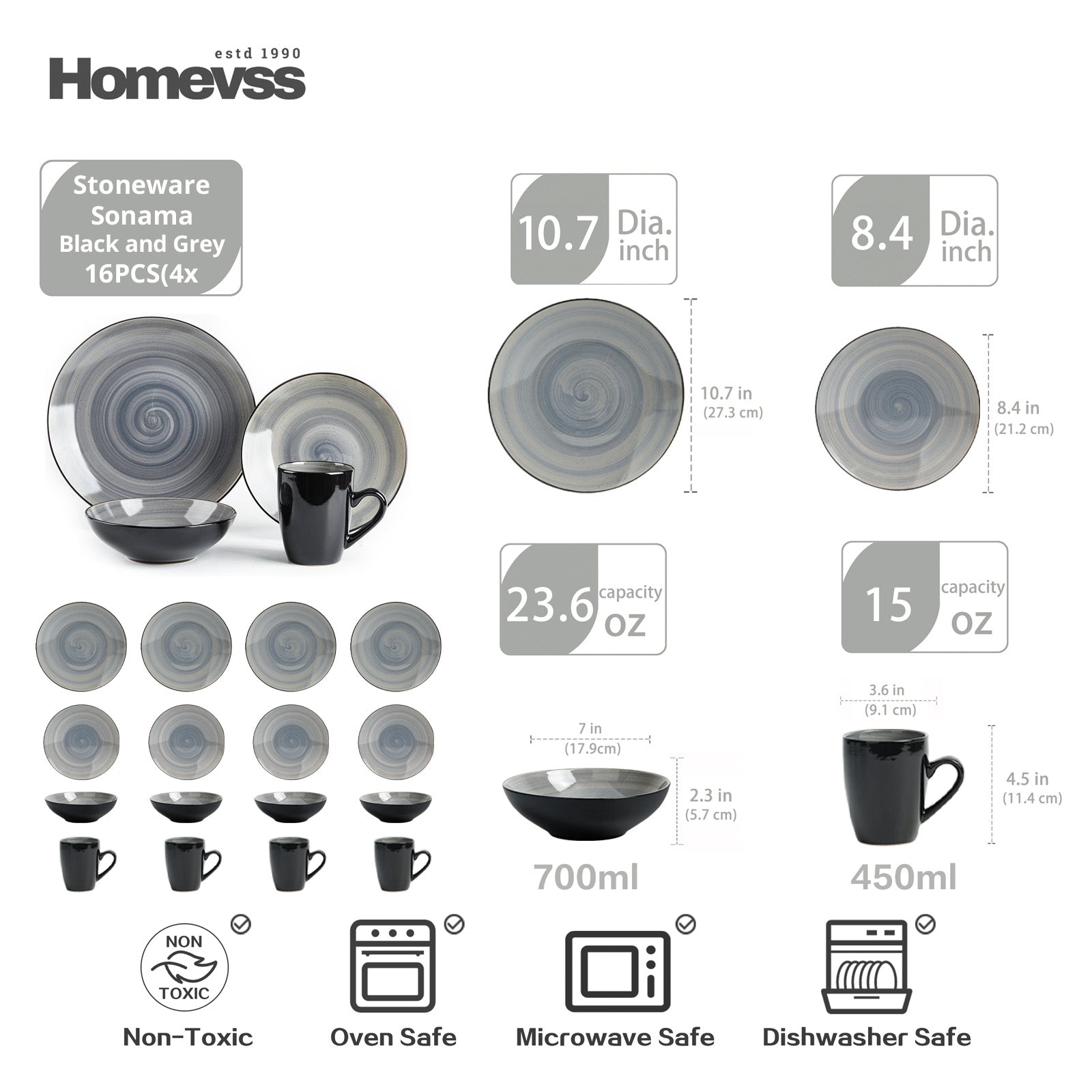 Size guide for Sonoma grey reactive glaze stoneware dinnerware set service for 4, including 10.7-inch dinner plate, 8.4-inch salad plate, 700ml bowl, and 450ml mug.