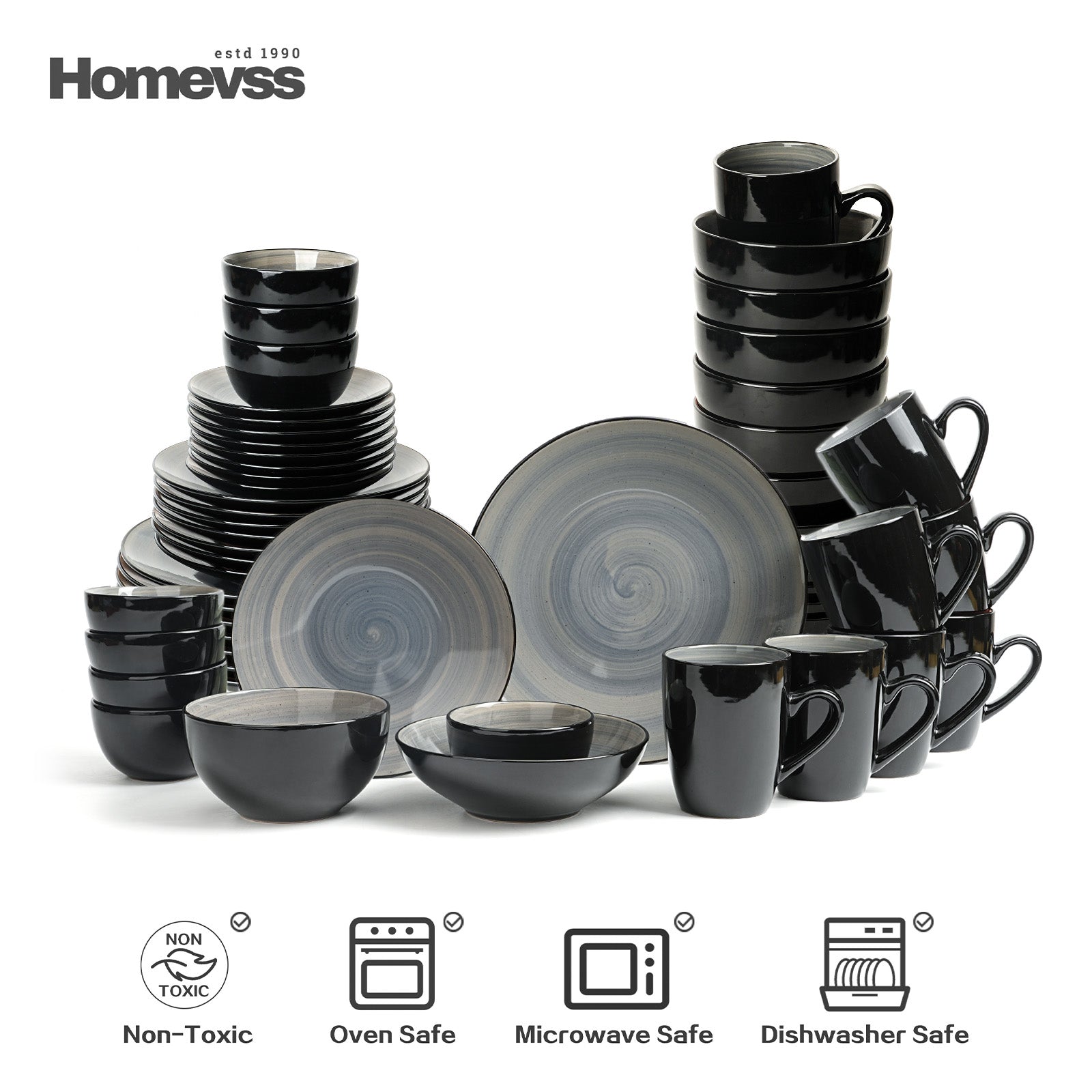 Complete Sonoma grey reactive glaze stoneware dinnerware set service for 8, including dinner plates, salad plates, bowls, and mugs, non-toxic, oven safe, microwave safe, dishwasher safe.