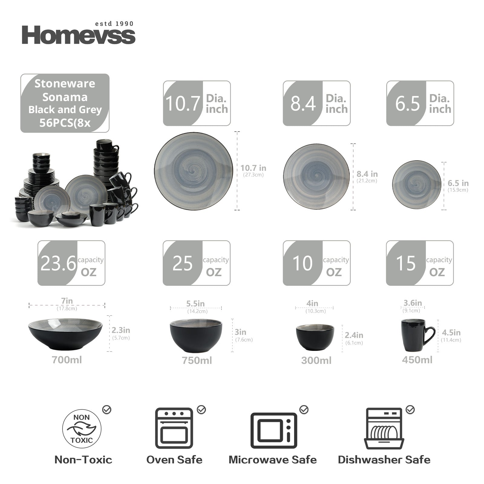 Sonoma grey reactive glaze stoneware dinnerware set 56-piece service for 8 size and capacity chart, includes dinner plates, salad plates, bowls, mugs, non-toxic, oven safe, microwave safe, dishwasher safe.