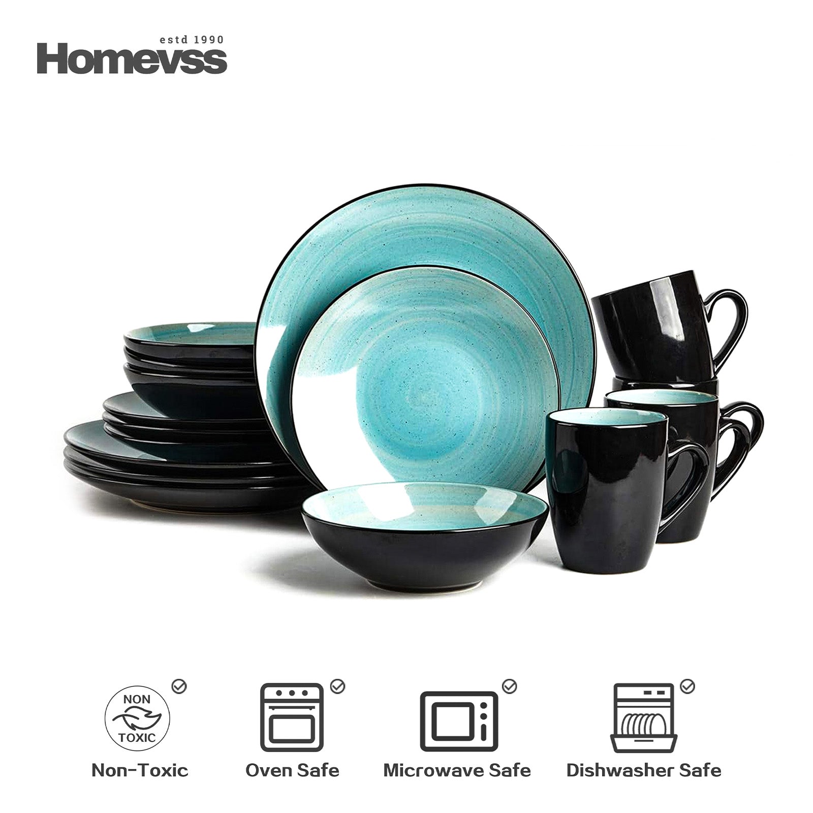 HomeVss Sonoma Turquoise and Black stoneware dinnerware set 16pcs service for 4, reactive glaze plates bowls mugs, microwave dishwasher oven safe