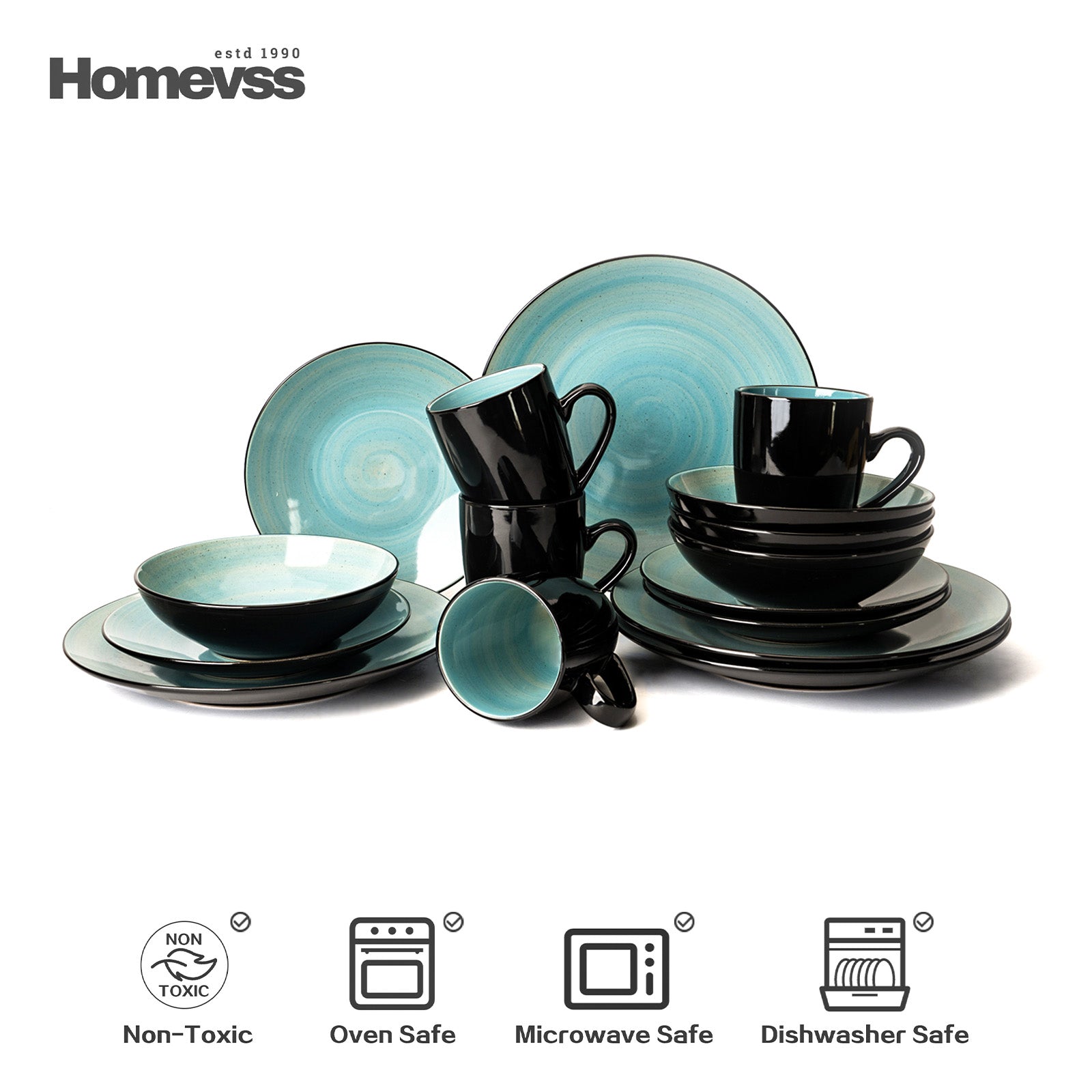 HomeVss Sonoma turquoise and black dinnerware set 16 piece stoneware service for 4 with plates bowls mugs, modern reactive glaze, dishwasher microwave safe