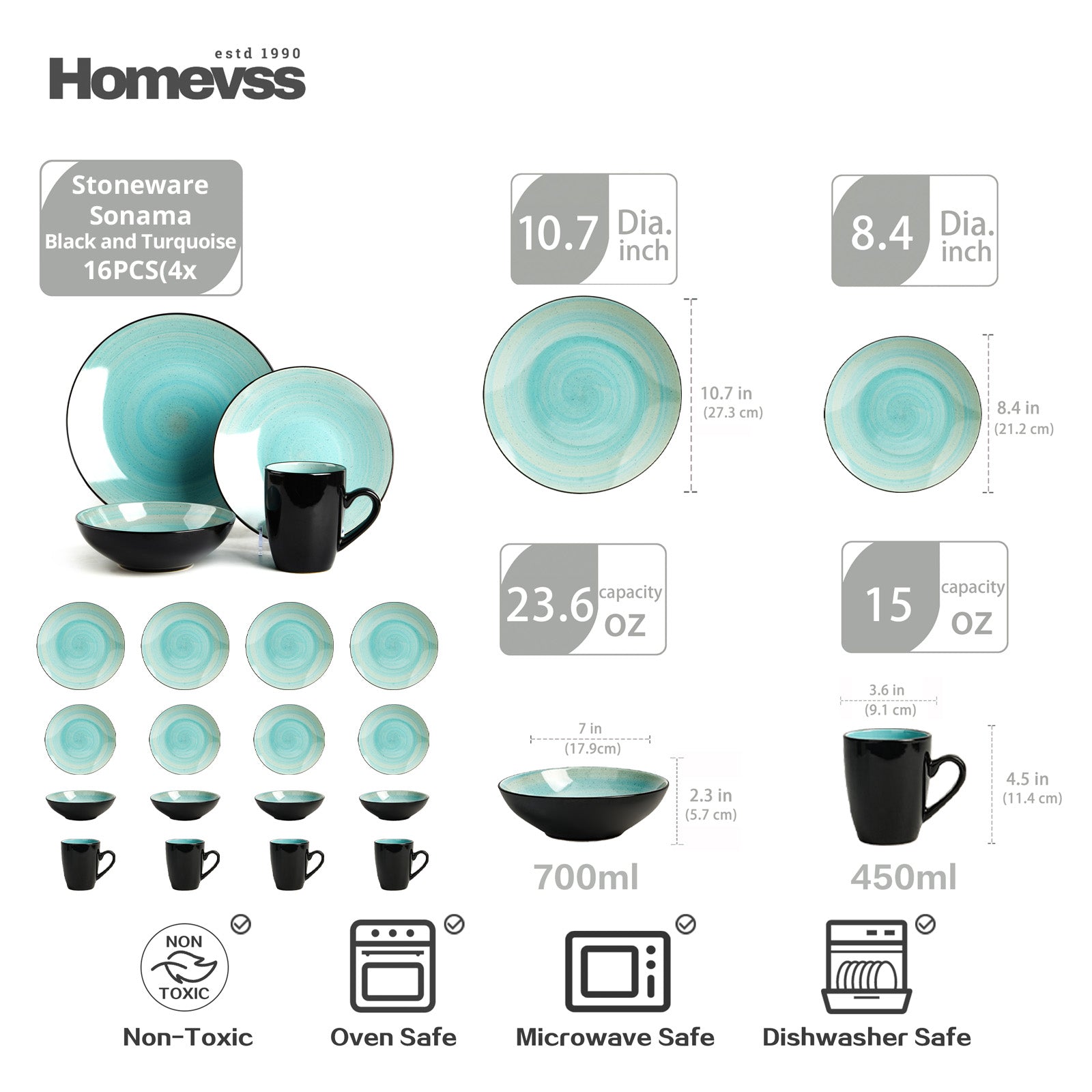 HomeVss Sonoma turquoise and black stoneware dinnerware set 16 piece service for 4 including dinner plates salad plates bowls mugs, dishwasher and microwave safe