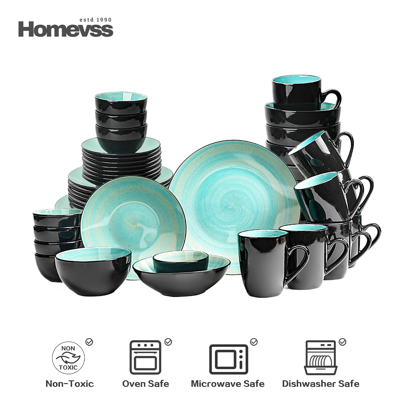 HomeVss Sonoma turquoise and black stoneware dinnerware set 56 piece service for 8 with dinner plates salad plates bowls mugs, dishwasher and microwave safe