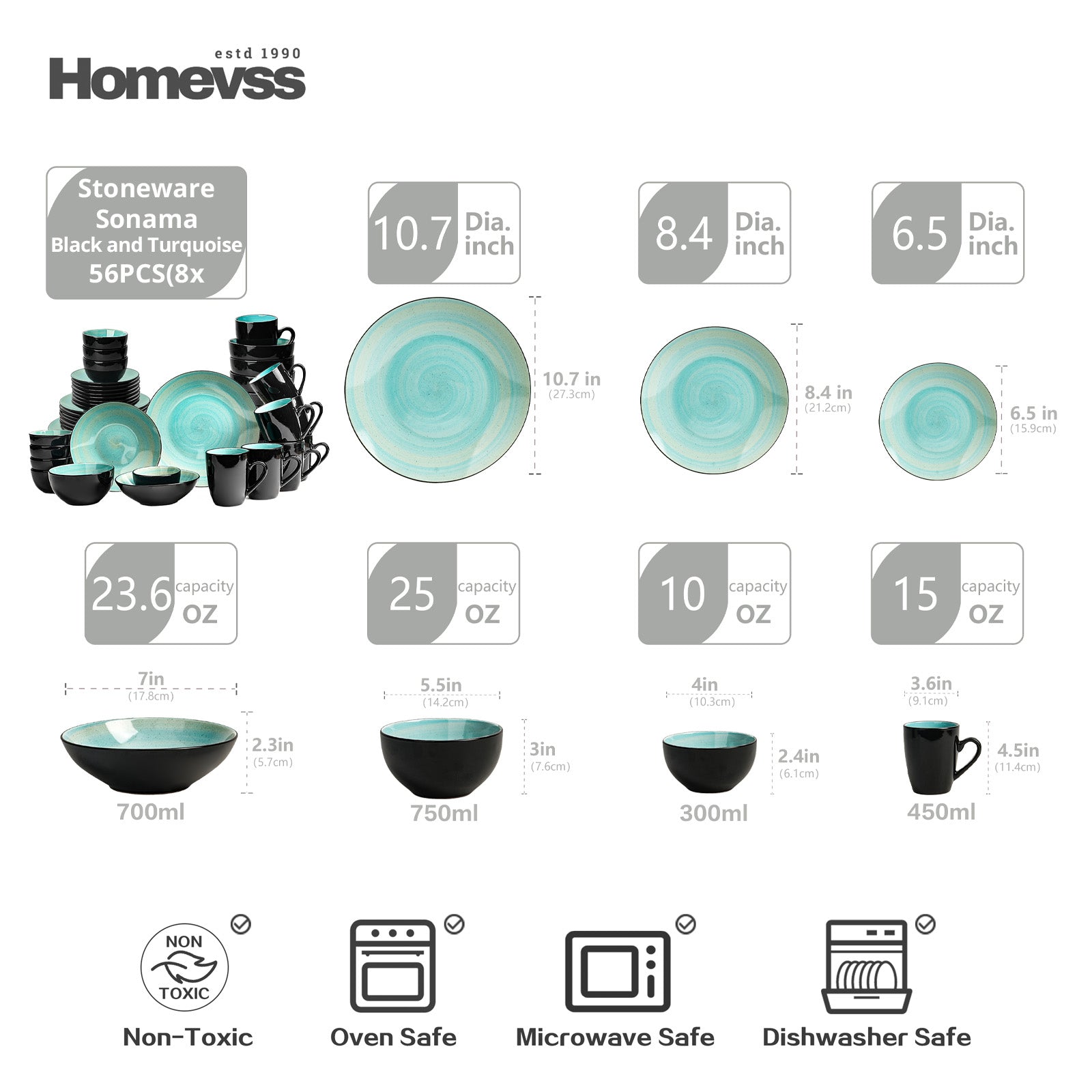 HomeVss 56 Piece Turquoise Reactive Glaze Stoneware Dinnerware Set Service for 8, Microwave Dishwasher Oven Safe Plates and Bowls Size Chart