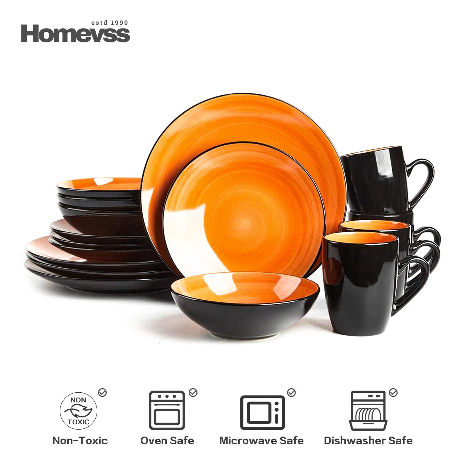 Sonoma orange reactive glaze stoneware dinnerware set, 16-piece service for 4, includes dinner plates, salad plates, bowls, and mugs, non-toxic, oven safe, microwave safe, dishwasher safe.