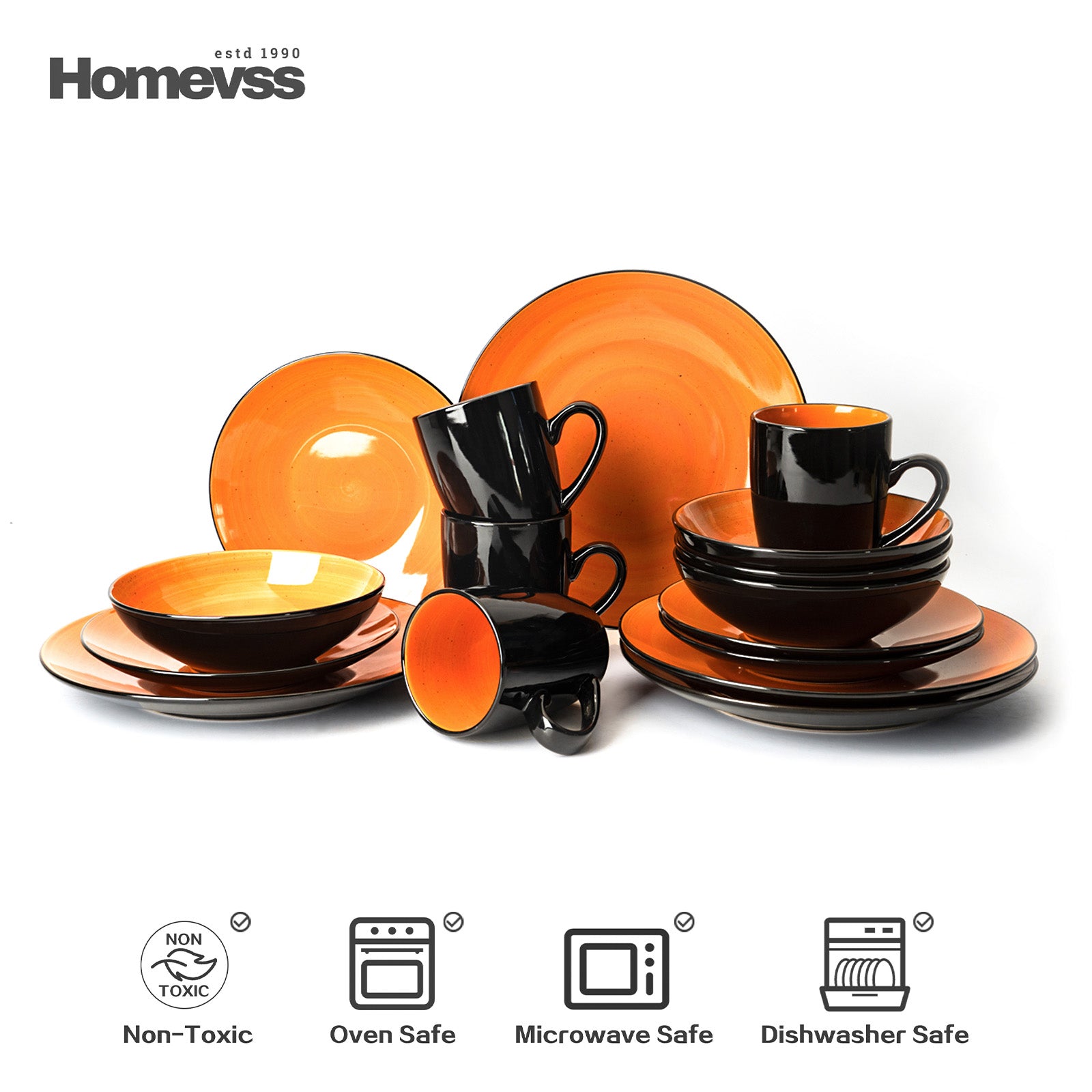 HomeVss Sonoma Orange reactive glaze stoneware dinnerware set, 16-piece service for 4, includes plates, bowls, and mugs, oven, microwave, dishwasher safe.