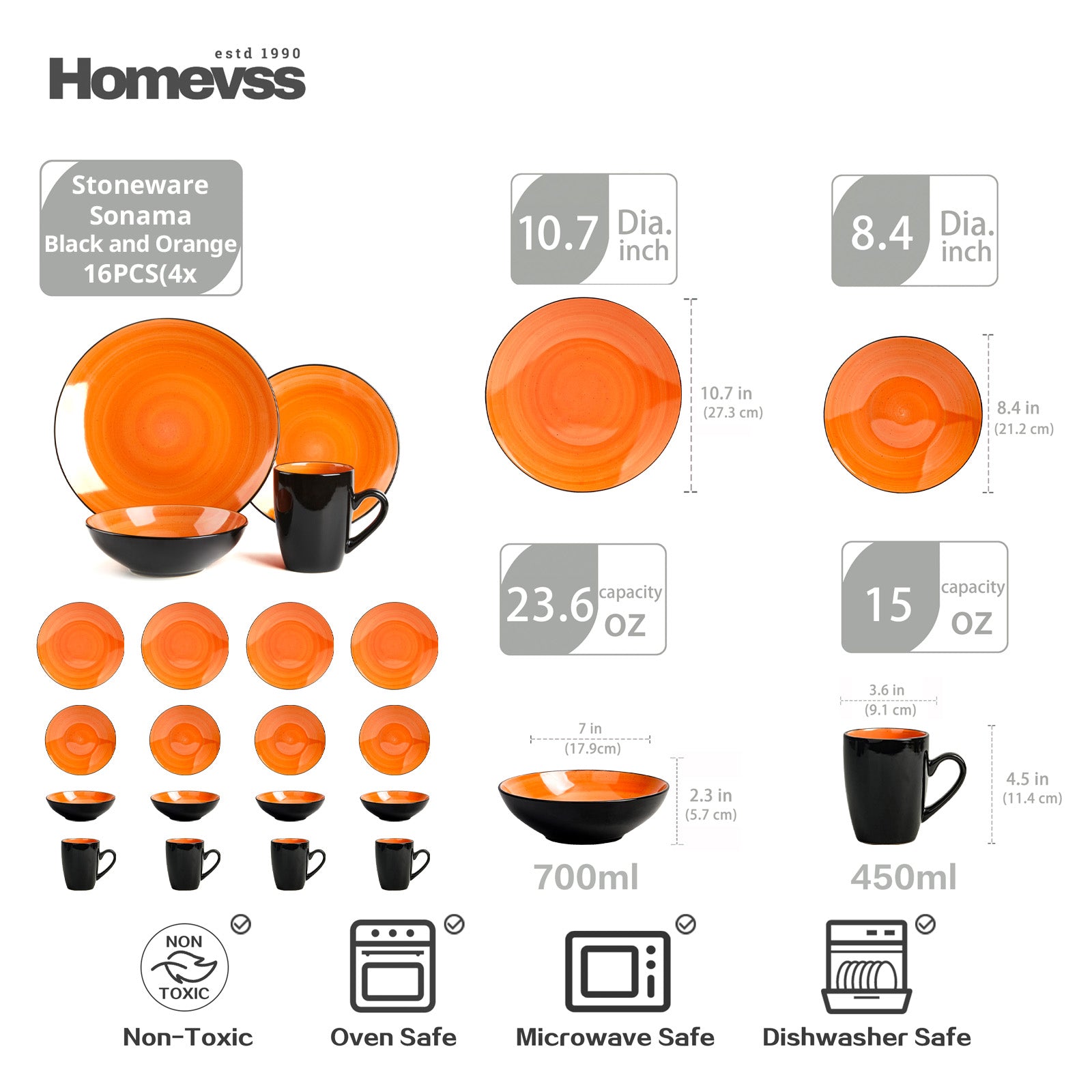 HomeVss Sonoma Orange reactive glaze stoneware dinnerware set, 16-piece service for 4, size and capacity guide with dinner plates, salad plates, bowls, and mugs.