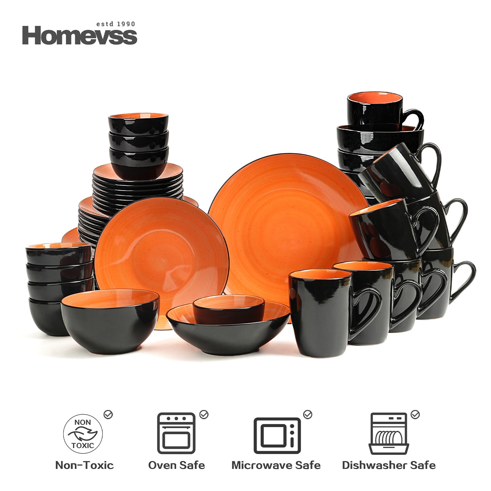 HomeVss Sonoma Orange reactive glaze stoneware dinnerware set, 56-piece service for 8, includes dinner plates, salad plates, bowls, and mugs, non-toxic, oven safe, microwave safe, dishwasher safe.