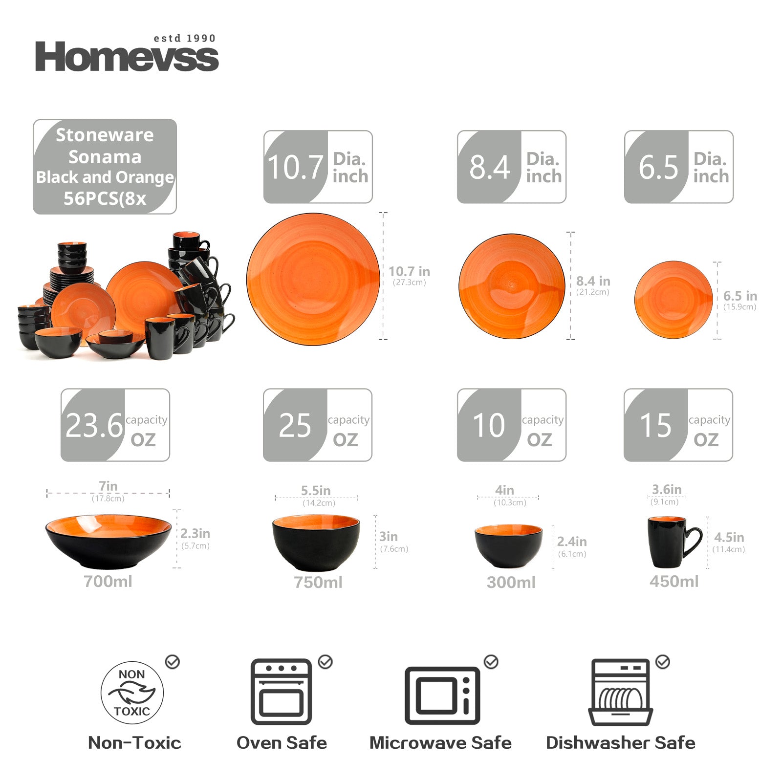 HomeVss Sonoma Orange reactive glaze stoneware dinnerware set, 56-piece service for 8 with size chart, includes dinner plates, salad plates, cereal bowls, mugs, non-toxic, oven safe, microwave safe, dishwasher safe.
