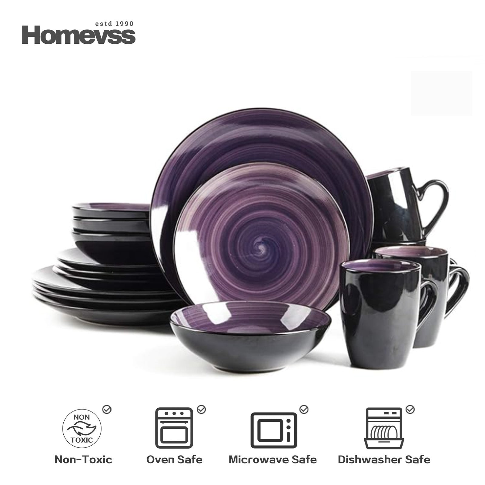 HomeVss Sonoma Purple reactive glaze stoneware dinnerware set, 16-piece service for 4, includes dinner plates, salad plates, bowls, and mugs, non-toxic, oven safe, microwave safe, dishwasher safe.