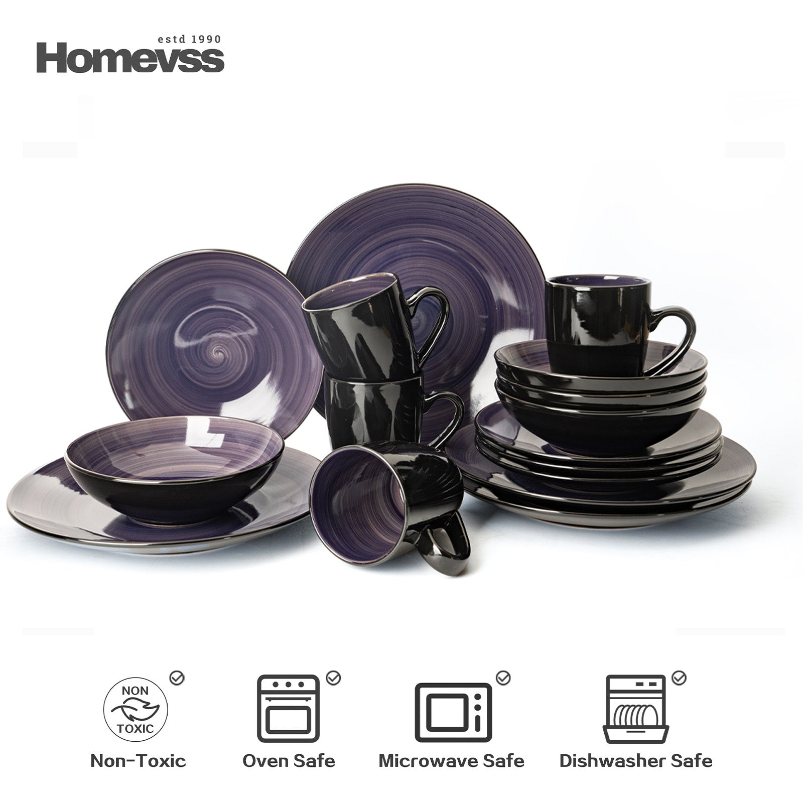 HomeVss Sonoma purple reactive glaze stoneware dinnerware set, 16-piece service for 4, includes dinner plates, salad plates, bowls, and mugs, non-toxic, oven safe, microwave safe, and dishwasher safe.
