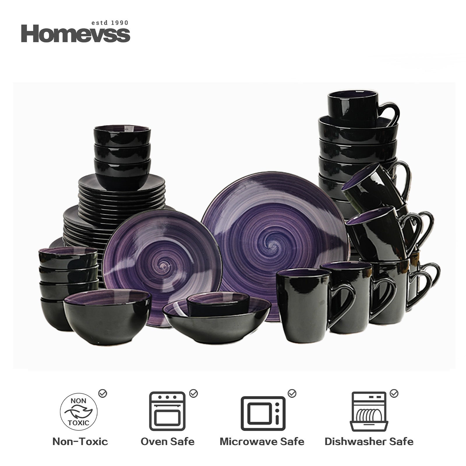 HomeVss Sonoma purple reactive glaze stoneware dinnerware set 56pcs set for 8, includes plates, bowls, and mugs, microwave and dishwasher safe.
