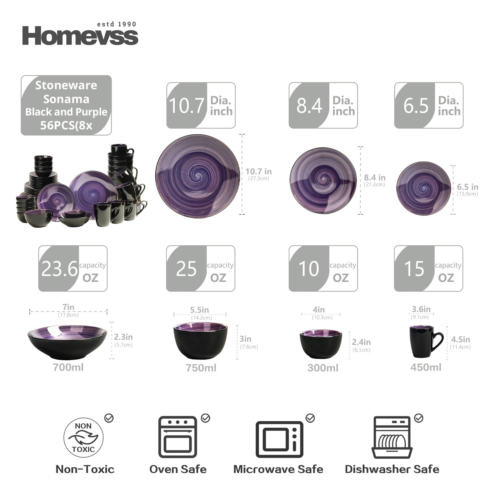 HomeVss Sonoma purple reactive glaze stoneware dinnerware set, 56-piece service for 8, includes dinner plates, salad plates, bowls, and mugs, non-toxic, oven safe, microwave safe, dishwasher safe, size guide with dimensions and capacities.
