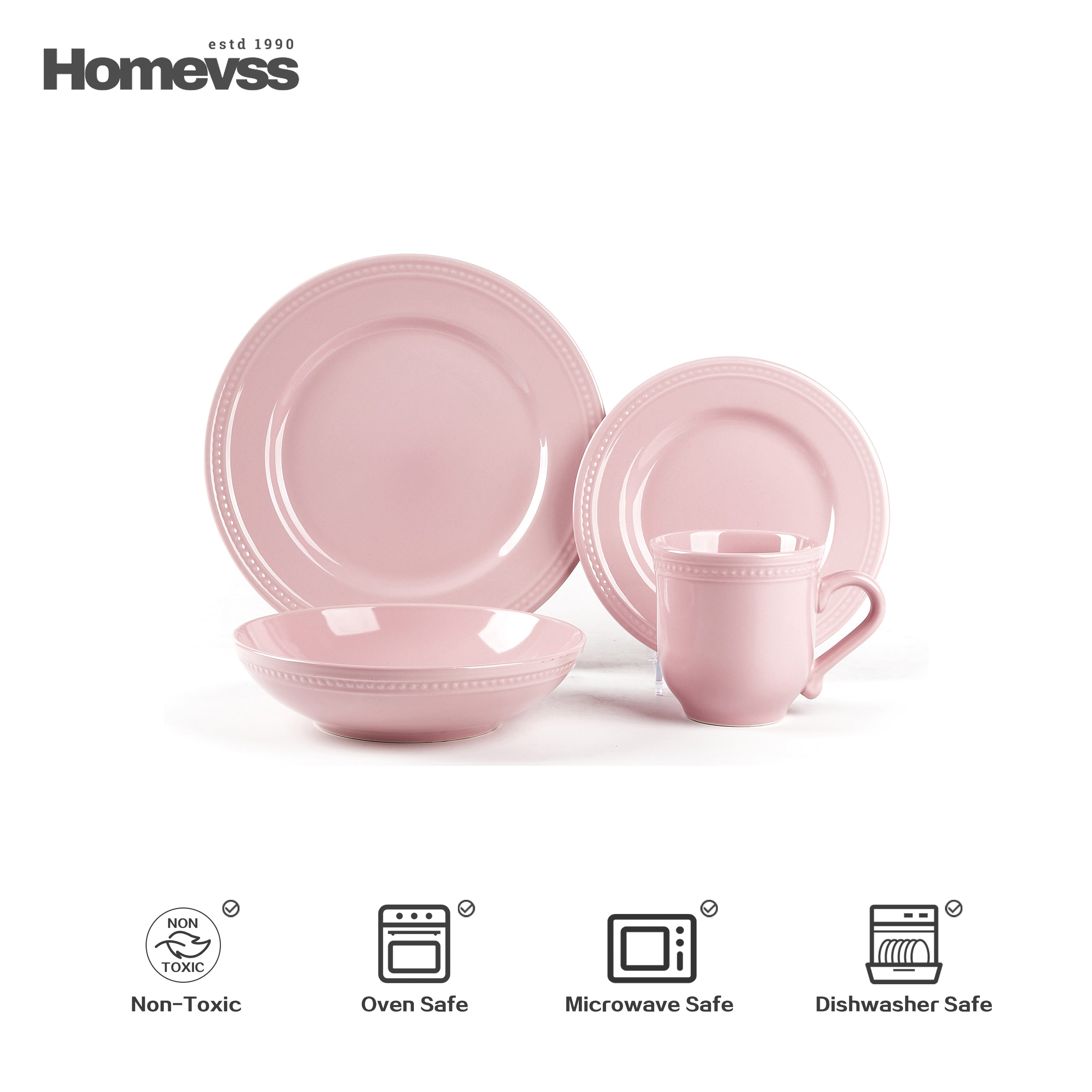Pink stoneware dinnerware set with beaded rim and pearl dots, 16-piece set, service for 4; dinner plate, salad plate, bowl and 15 oz mug on white background. Oven, microwave and dishwasher safe.