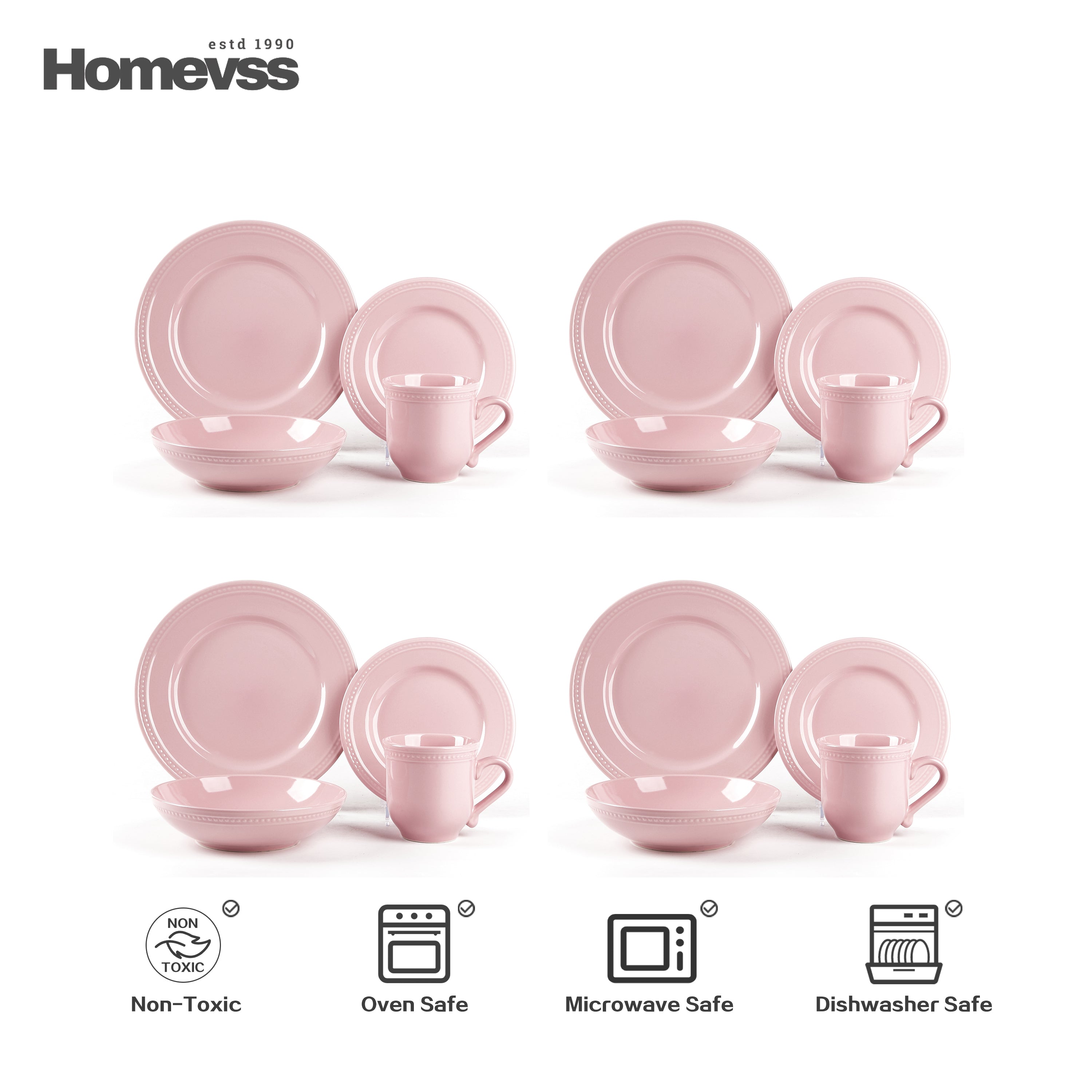 Pink stoneware dinnerware set with beaded rim and pearl dots, 16-piece set, service for 4; four place settings shown in a grid on white background. Oven, microwave and dishwasher safe.
