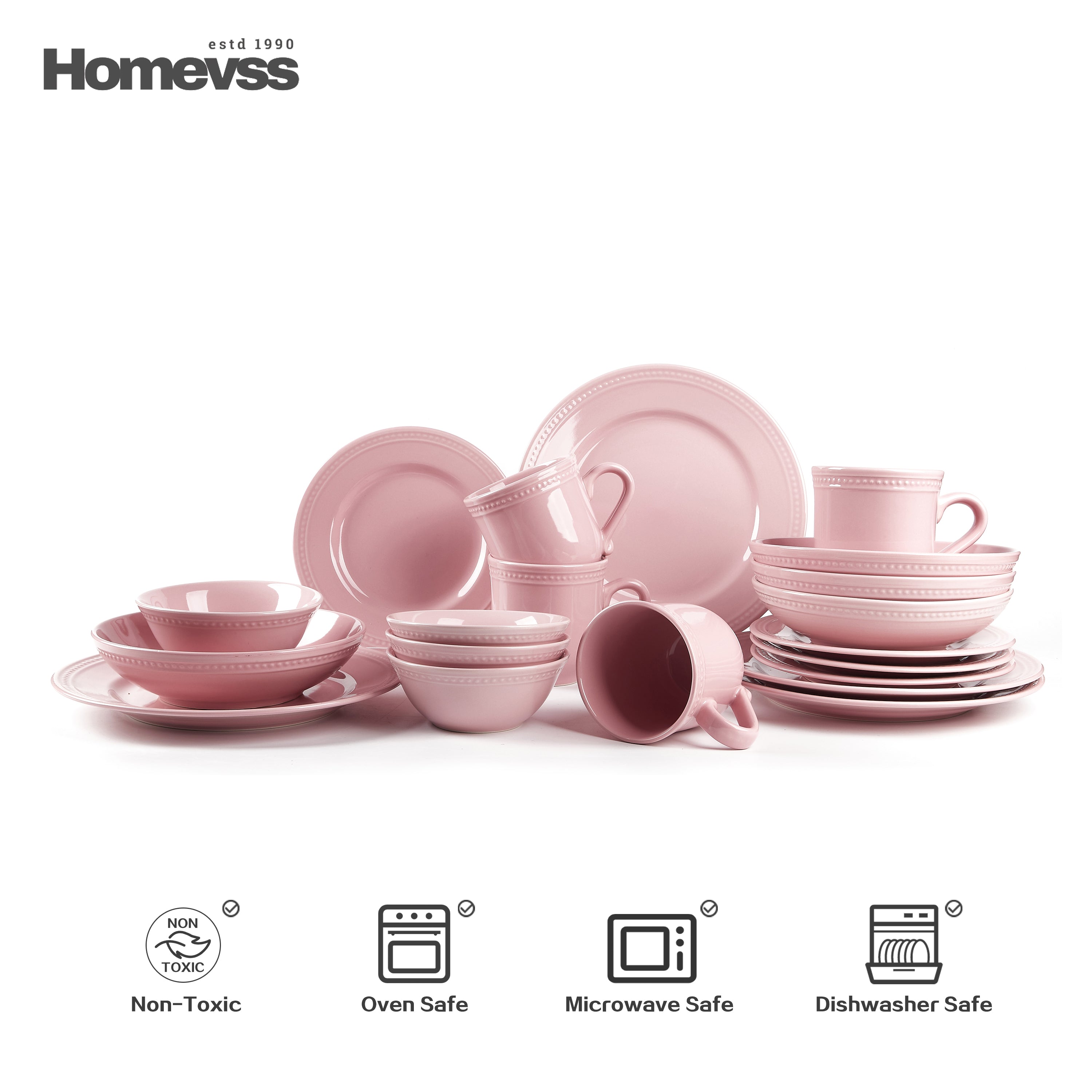 Pink stoneware dinnerware set with beaded rim and pearl dots, 20-piece set, service for 4; dinner plates, salad plates, soup/pasta bowls, cereal bowls and 15 oz mugs on white background. Oven, microwave and dishwasher safe.
