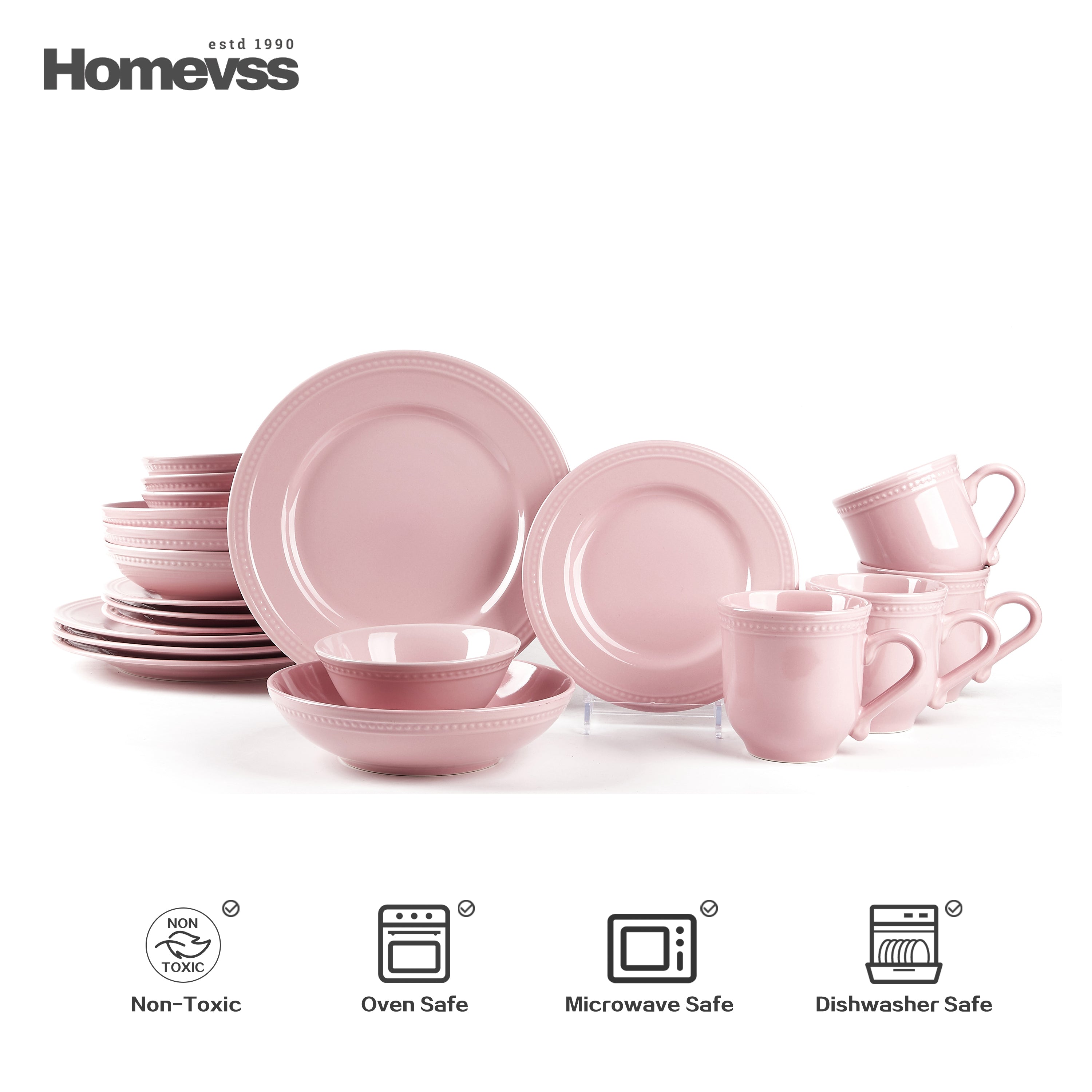 Pink stoneware dinnerware set with beaded rim and pearl dots, 20-piece set, service for 4; dinner and salad plates, soup/pasta and cereal bowls, 15 oz mugs. Oven, microwave and dishwasher safe.