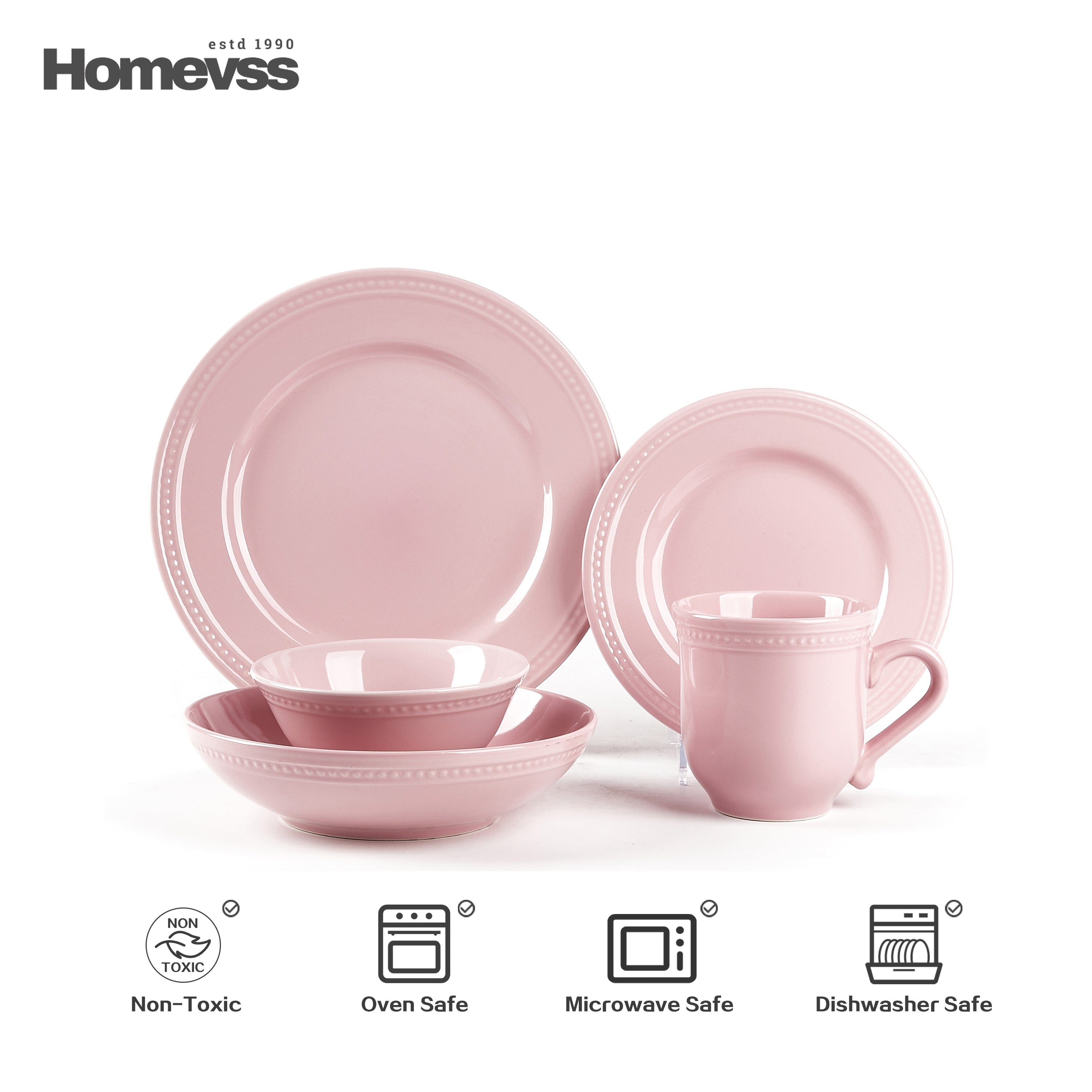 Pink stoneware dinnerware set with beaded rim and pearl dots, 20-piece set, service for 4; place setting with dinner plate, salad plate, soup/pasta bowl, cereal bowl and 15 oz mug on white background. Oven, microwave and dishwasher safe.