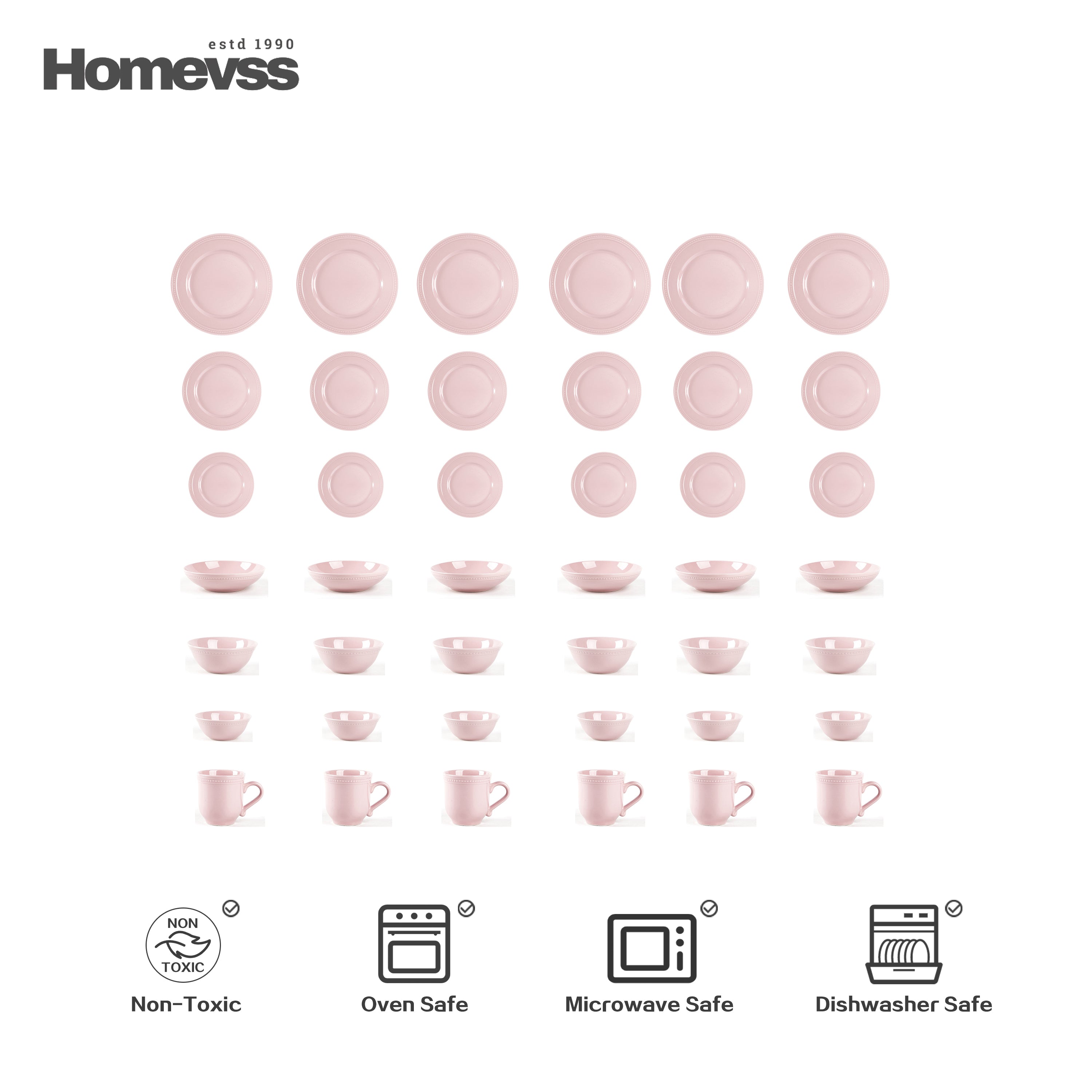 Pink stoneware dinnerware set with beaded rim and pearl dots, 42-piece set, service for 6; flat-lay grid showing 6 dinner plates, 6 salad plates, 6 dessert plates, 6 soup/pasta bowls, 6 cereal/soup bowls, 6 small bowls and 6 mugs. Oven, microwave and dishwasher safe.