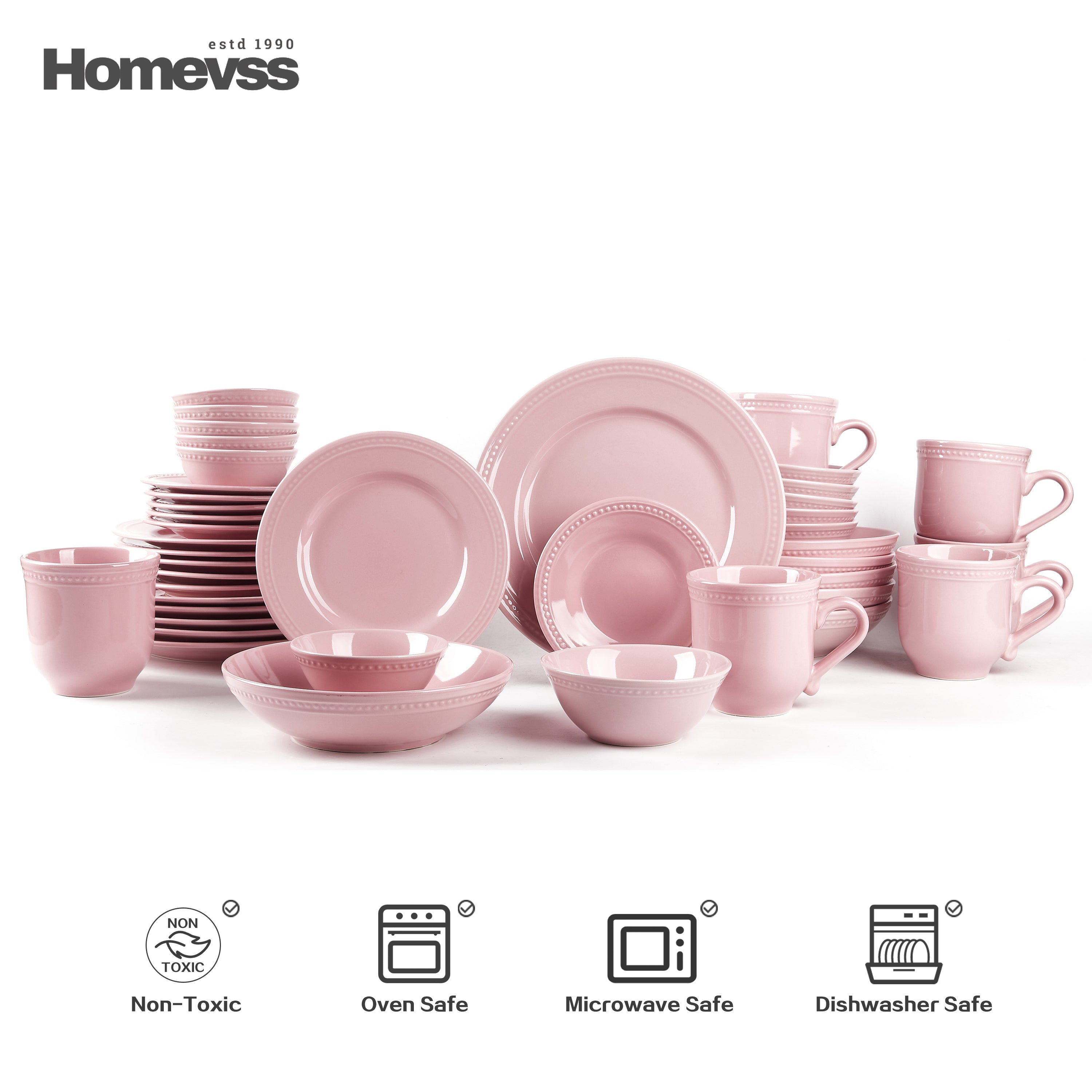 ink stoneware dinnerware set with beaded rim and pearl dots, 42-piece set, service for 6; plates, bowls and 15 oz mugs stacked on white background. Oven, microwave and dishwasher safe.
