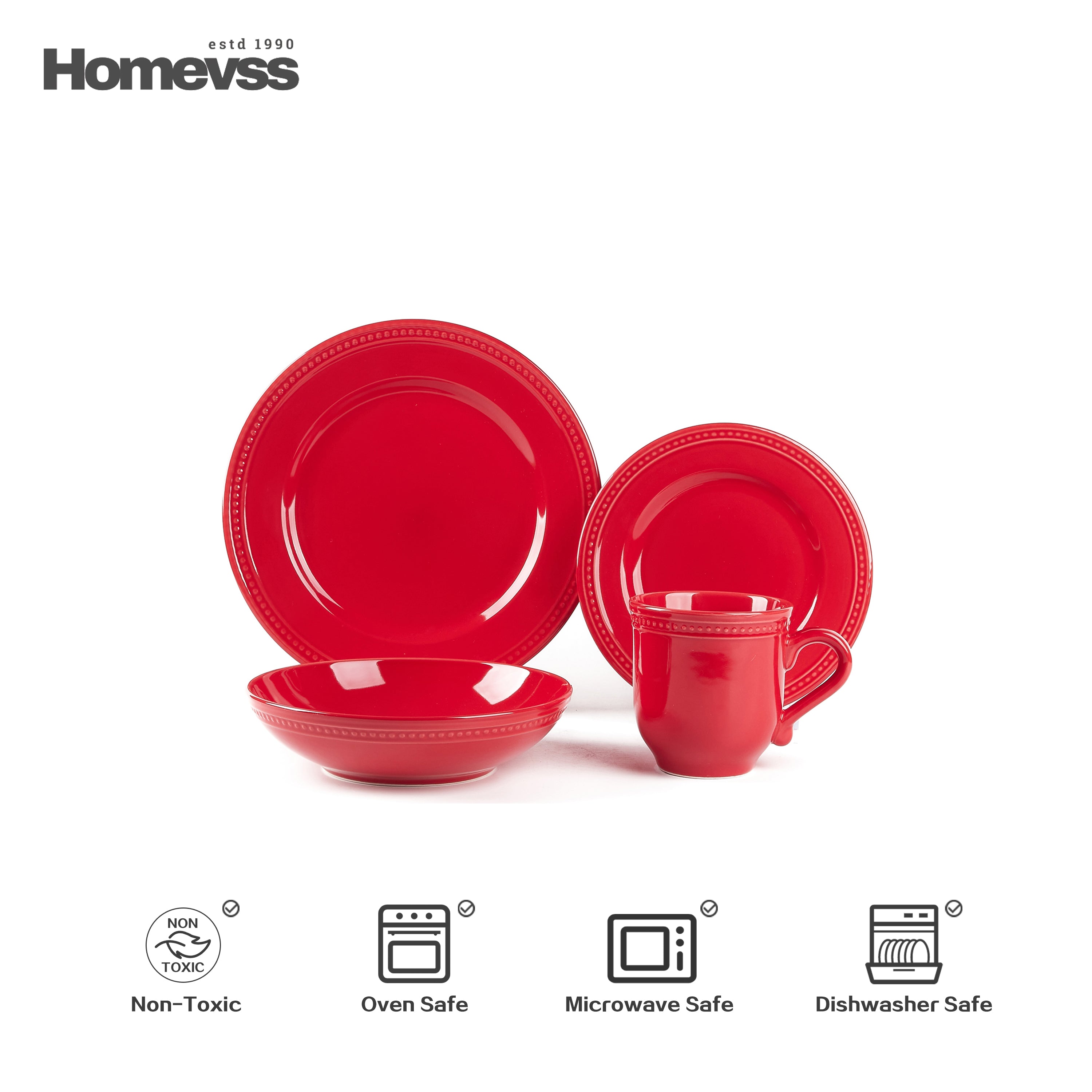 Red stoneware dinnerware set with beaded rim and pearl dots, 16-piece set, service for 4; dinner plate, salad plate, bowl and 15 oz mug on white background. Oven, microwave and dishwasher safe.