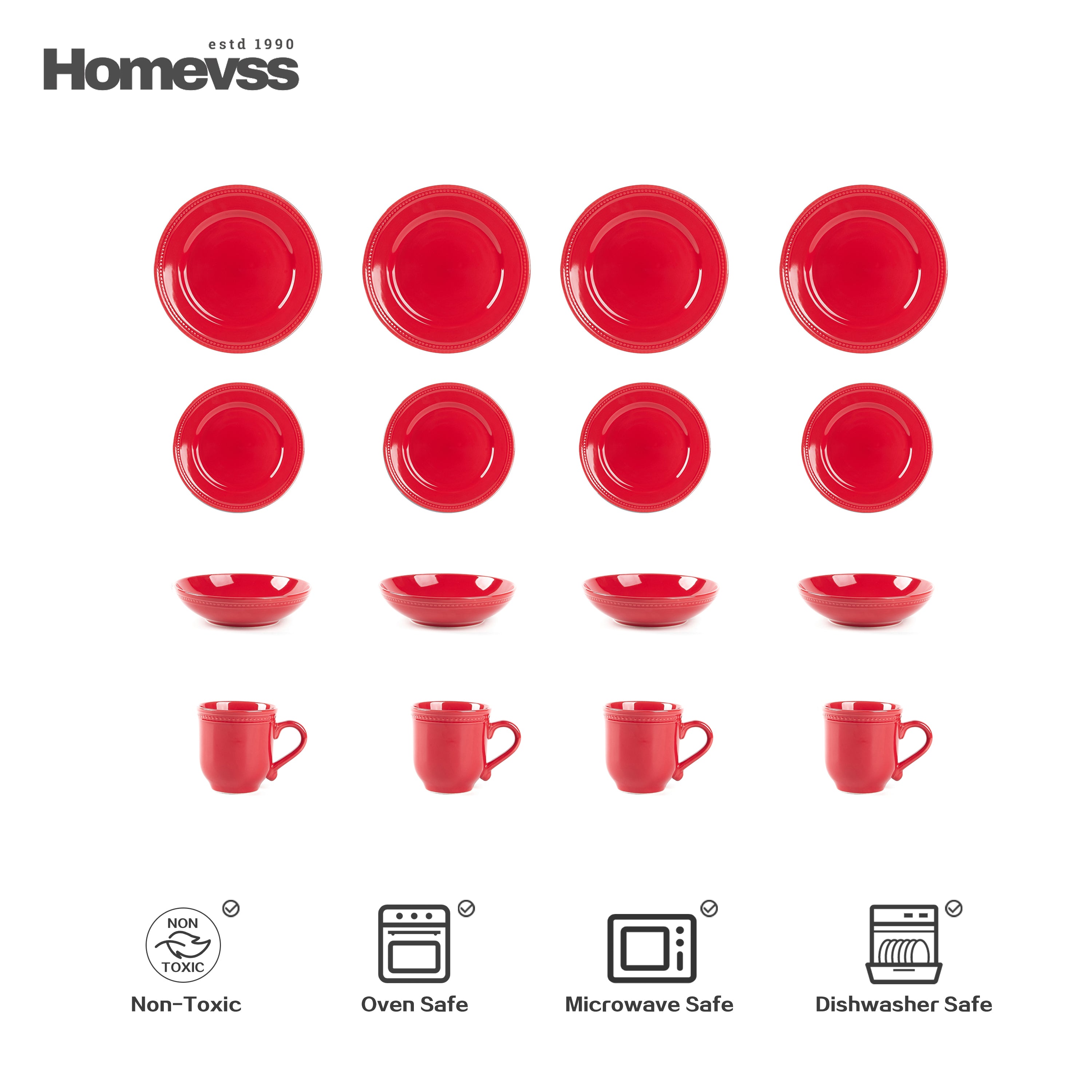 Red stoneware dinnerware set with beaded rim and pearl dots, 16-piece set, service for 4; flat-lay grid showing 4 dinner plates, 4 salad plates, 4 soup/pasta bowls and 4 mugs. Oven, microwave and dishwasher safe.