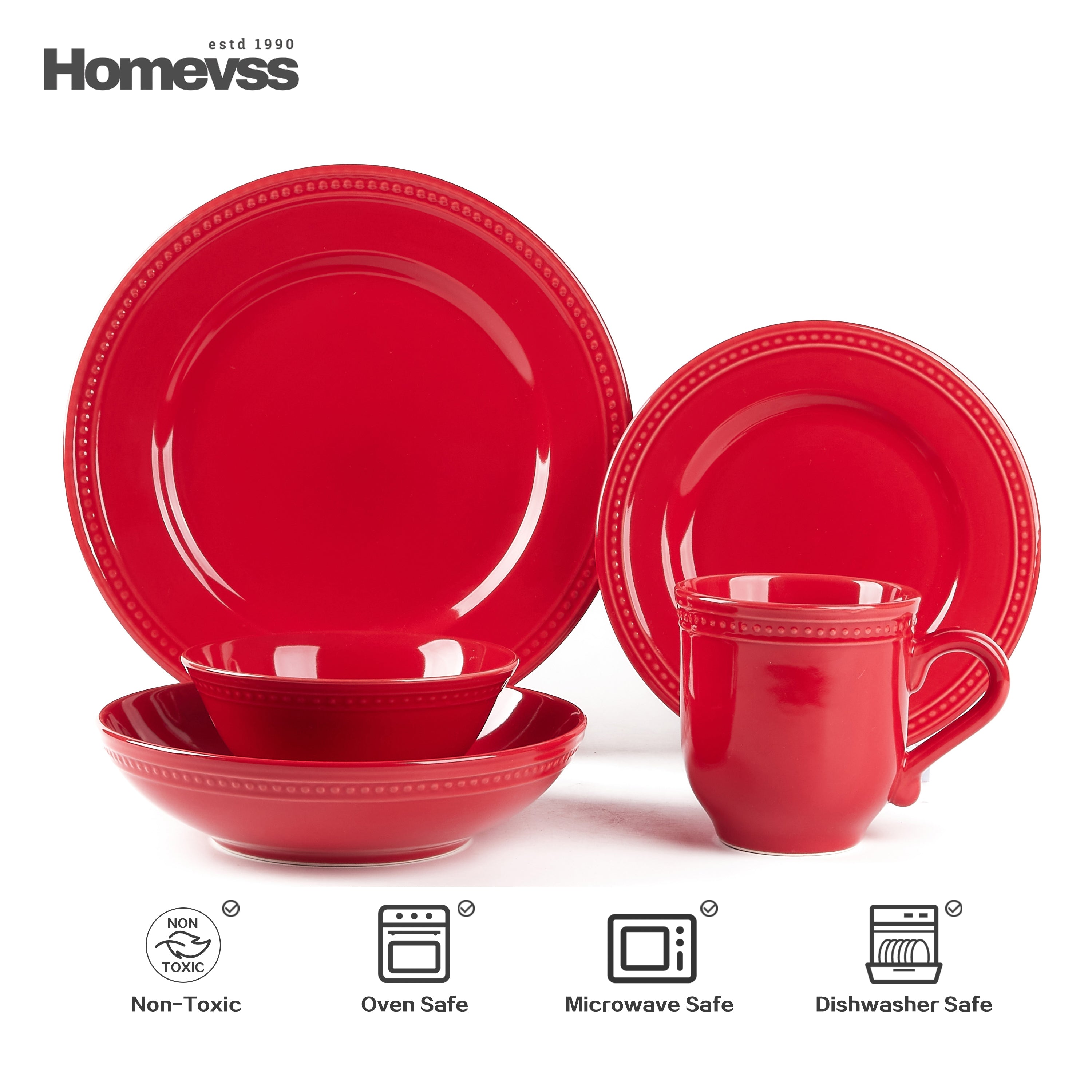 Red stoneware dinnerware set with beaded rim and pearl dots, 20-piece set, service for 4; place setting with dinner plate, salad plate, soup/pasta bowl, cereal bowl and 15 oz mug on white background. Oven, microwave and dishwasher safe.