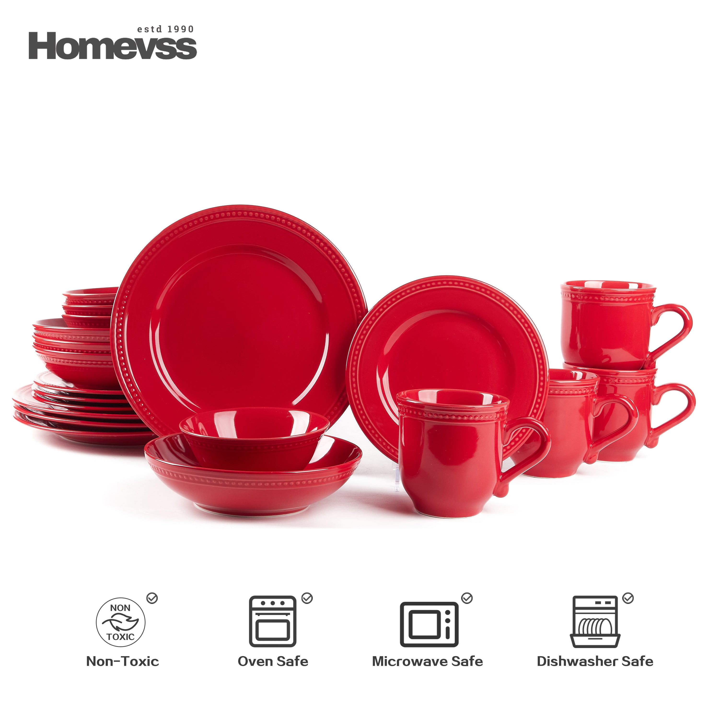 Red stoneware dinnerware set with beaded rim and pearl dots, 20-piece set, service for 4; dinner and salad plates, soup/pasta and cereal bowls, 15 oz mugs. Oven, microwave and dishwasher safe.