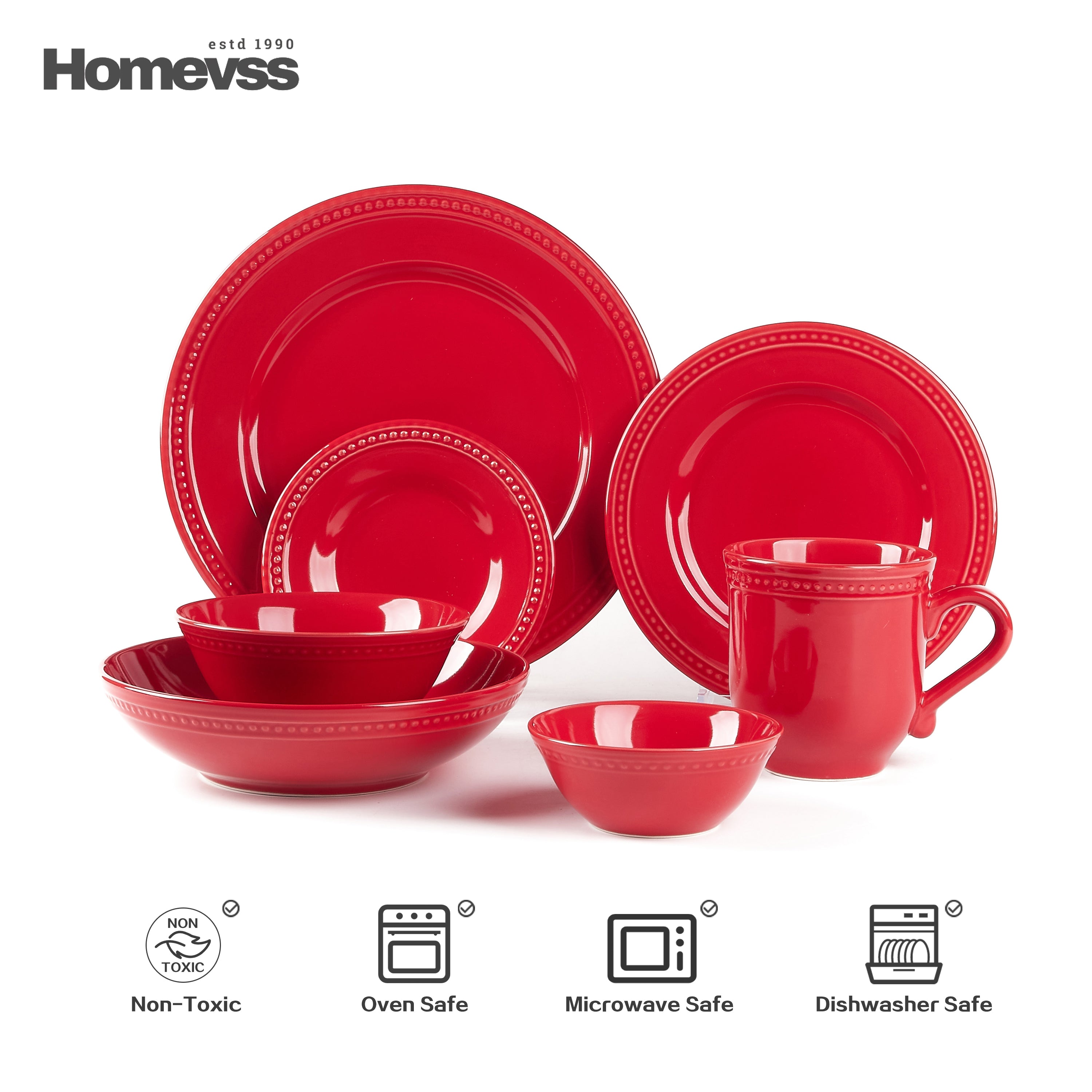 Red stoneware dinnerware set with beaded rim and pearl dots, 42-piece set, service for 6; place setting with dinner plate, salad plate, dessert plate, soup/pasta bowl, cereal/soup bowl, small dip bowl and 15 oz mug on white background. Oven, microwave and dishwasher safe.