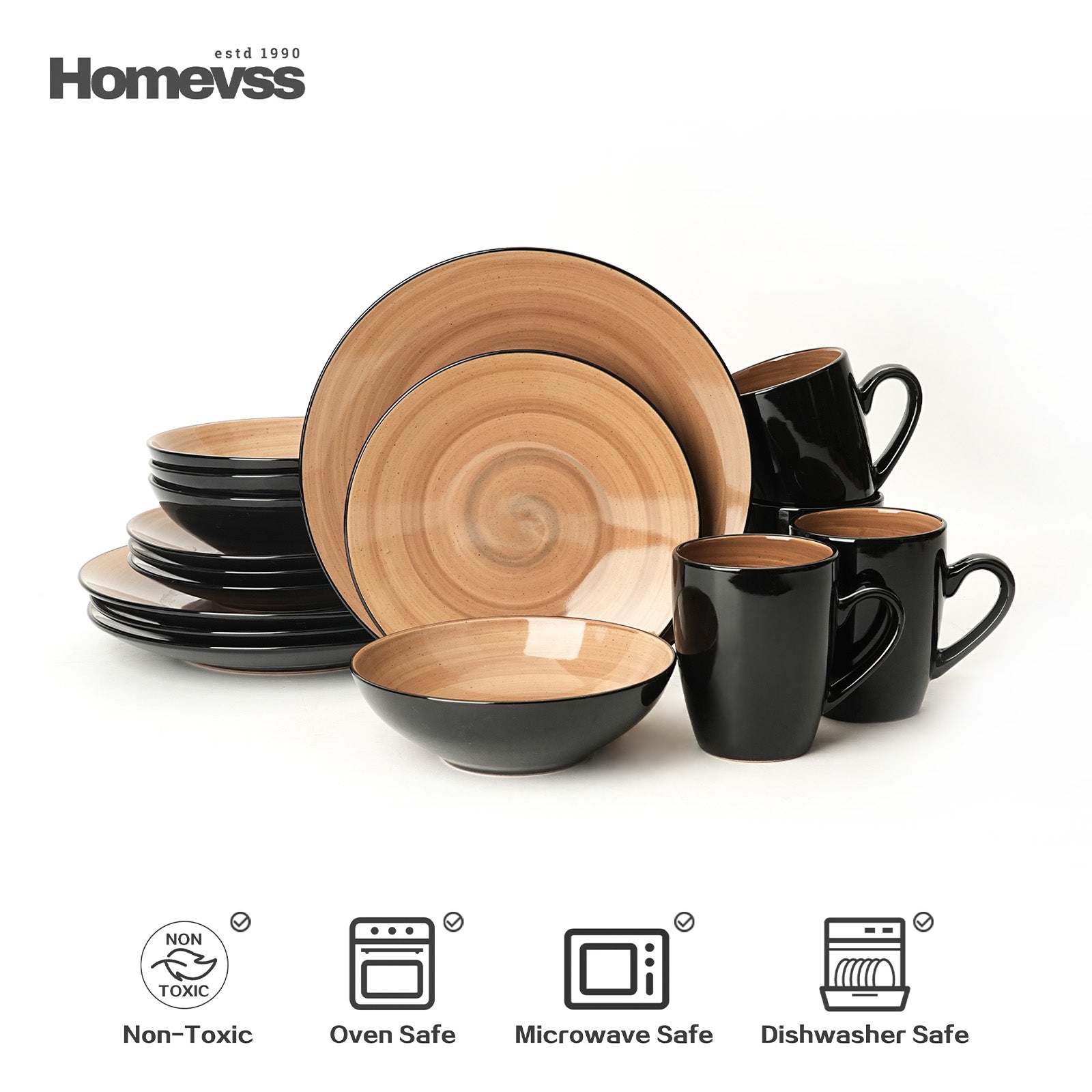 Sonoma mocha reactive glaze stoneware dinnerware set 16-piece service for 4, includes dinner plates, salad plates, bowls, mugs, non-toxic, oven safe, microwave safe, dishwasher safe.