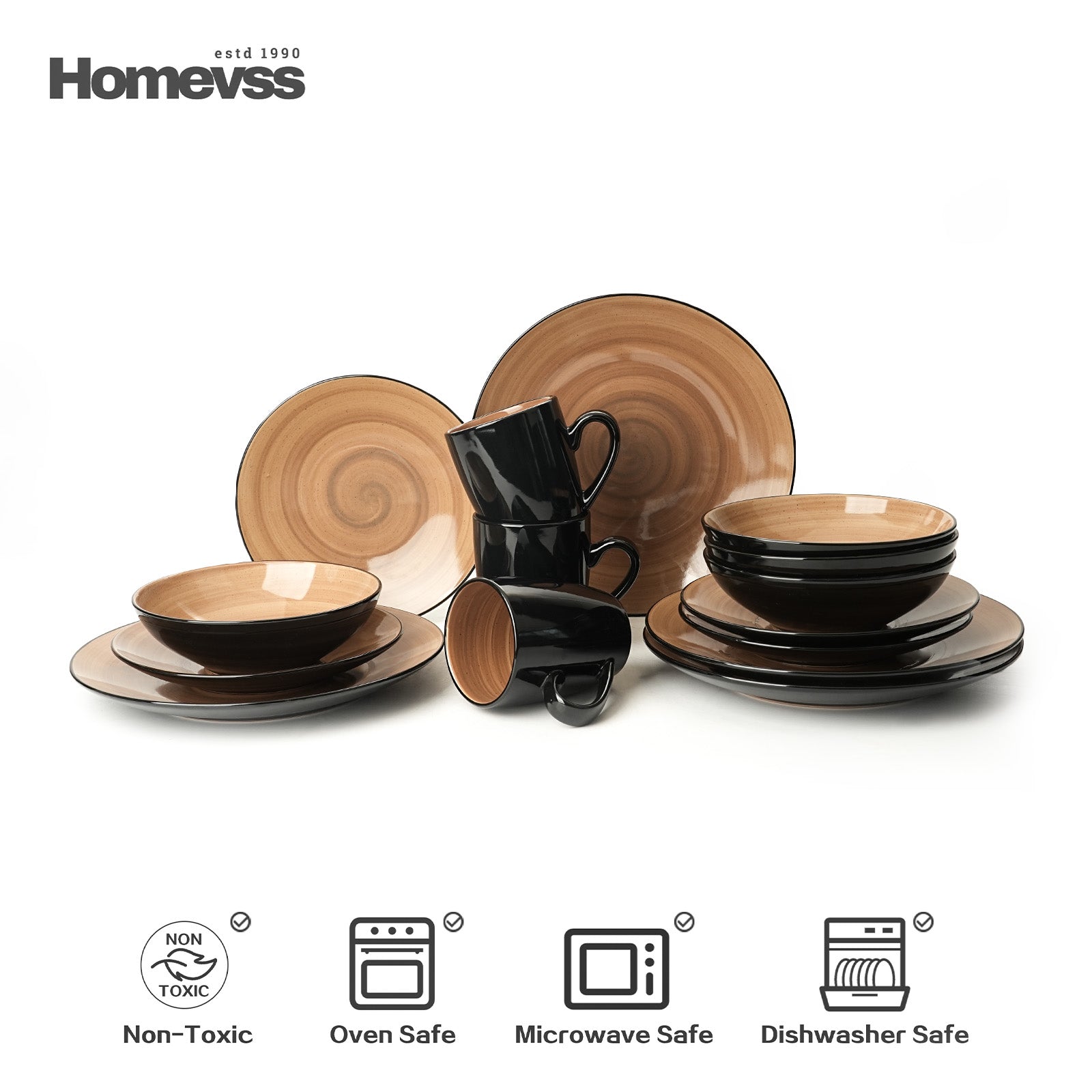 Sonoma mocha reactive glaze stoneware dinnerware set 16-piece service for 4, includes dinner plates, salad plates, bowls, mugs, non-toxic, oven safe, microwave safe, dishwasher safe.
